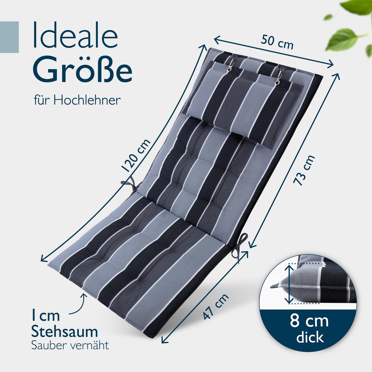 HOCHLEHNERAUFLAGE Sun-HL 119/50/8cm Anthrazit-Gestreift - Multicolor, Textil (50/8/119cm) - Beautissu 