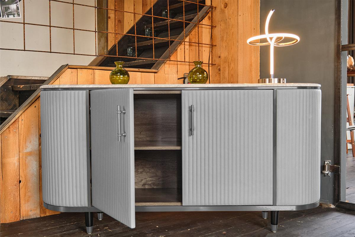 SIDEBOARD MARIA Grau Kunstleder, Marmor - Schwarz/Grau, Textil/Metall (150/76/40cm) - KAWOLA