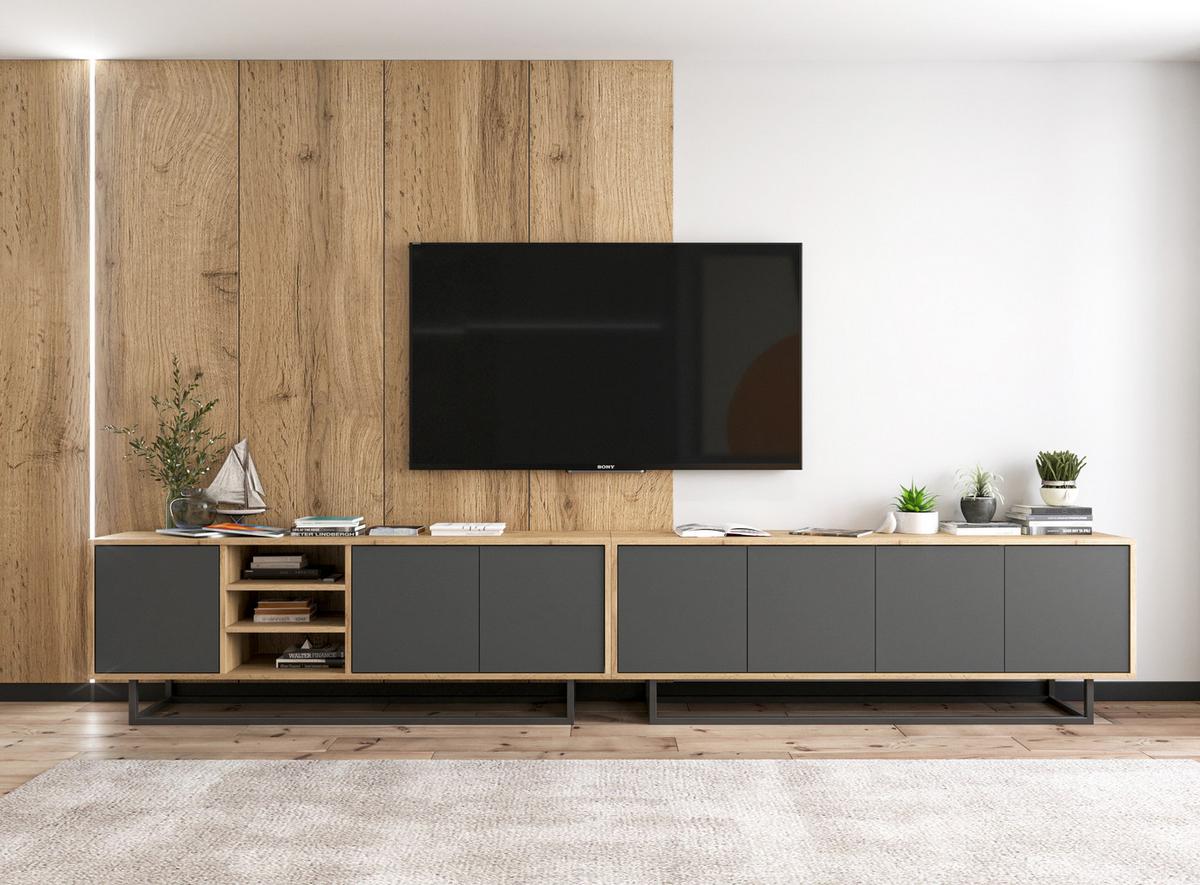 TV-LOWBOARD Apollo Eiche wotan Graphit Matt 150/53/35 cm - Graphitfarben/Schwarz, Holzwerkstoff/Metall (150/53/35cm) - Meble Lindner