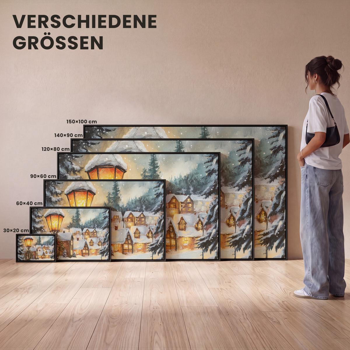 LEINWAND Bilder mit Rahmen - Weihnachtsdorf - Häuser - Schnee - Weihnachten - 140x90 - Sandfarben, Textil (140/90cm) - MuchoWow