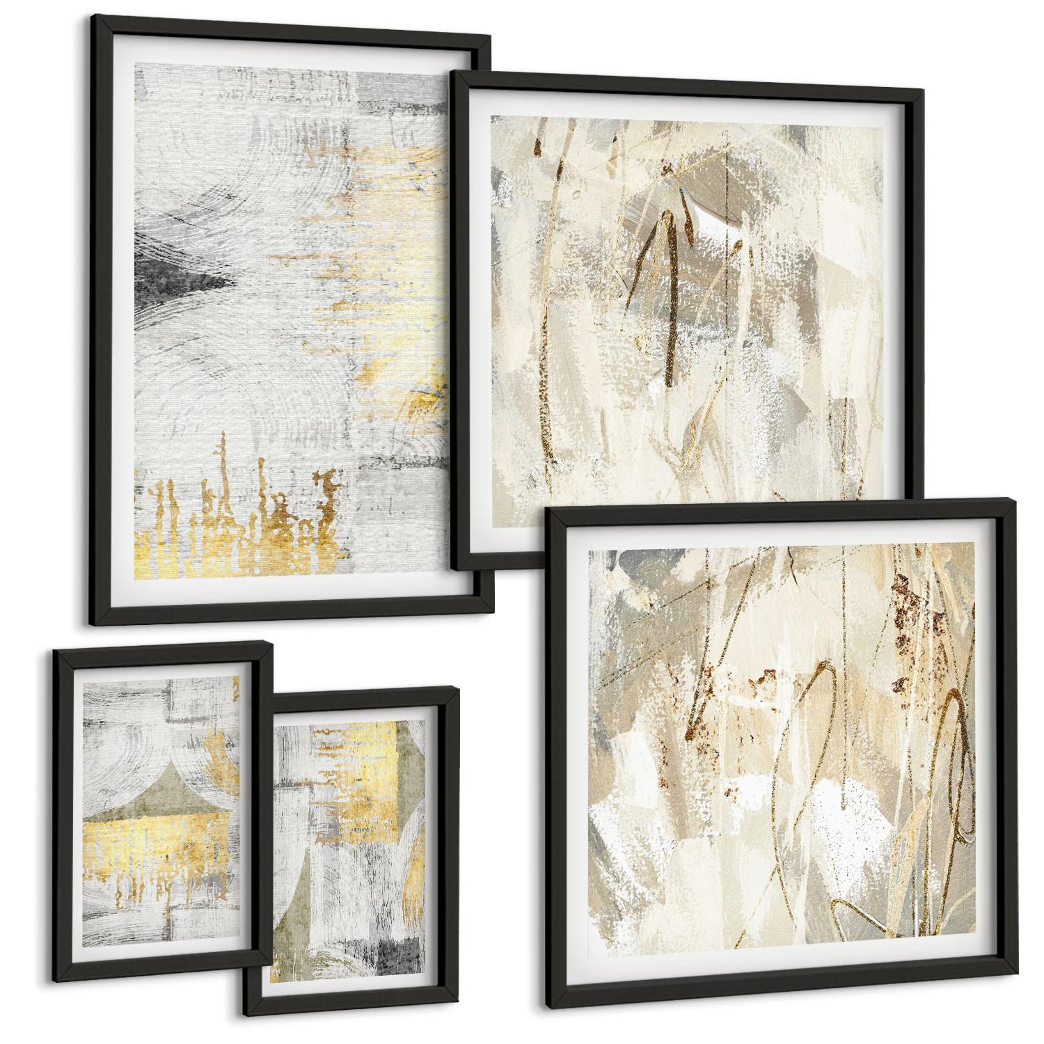 BILDER SET 5er Set - 50x50 cm & 20x30 cm & 40x60 cm Schwarzer Rahmen - Abstrakte minimalistische Muster - Schwarz, Kunststoff (40/60cm) - TULUP