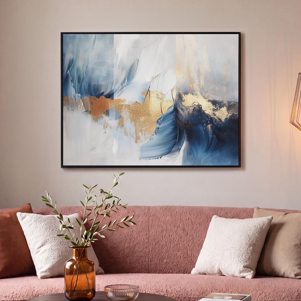 LEINWAND Bilder mit Rahmen - Gold - Blau - Aquarell - Kunst - Modern - 100x70 - Hellblau, Textil (100/70cm) - MuchoWow