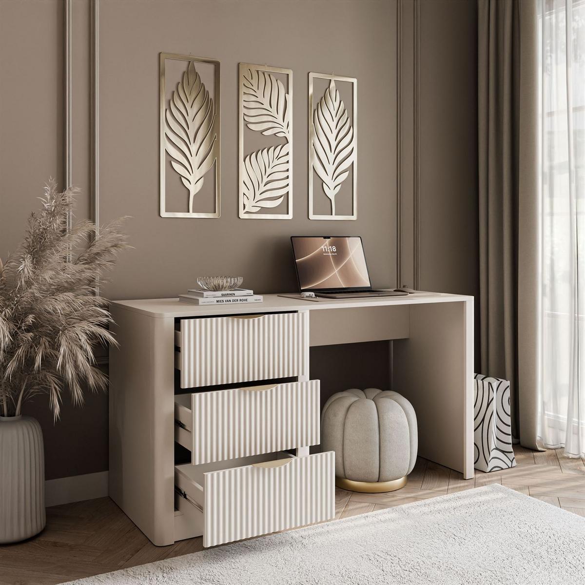 SCHREIBTISCH SCARLETT mit geriffelten Schubladen - Beige, Holzwerkstoff (55/140/76cm) - Lookway