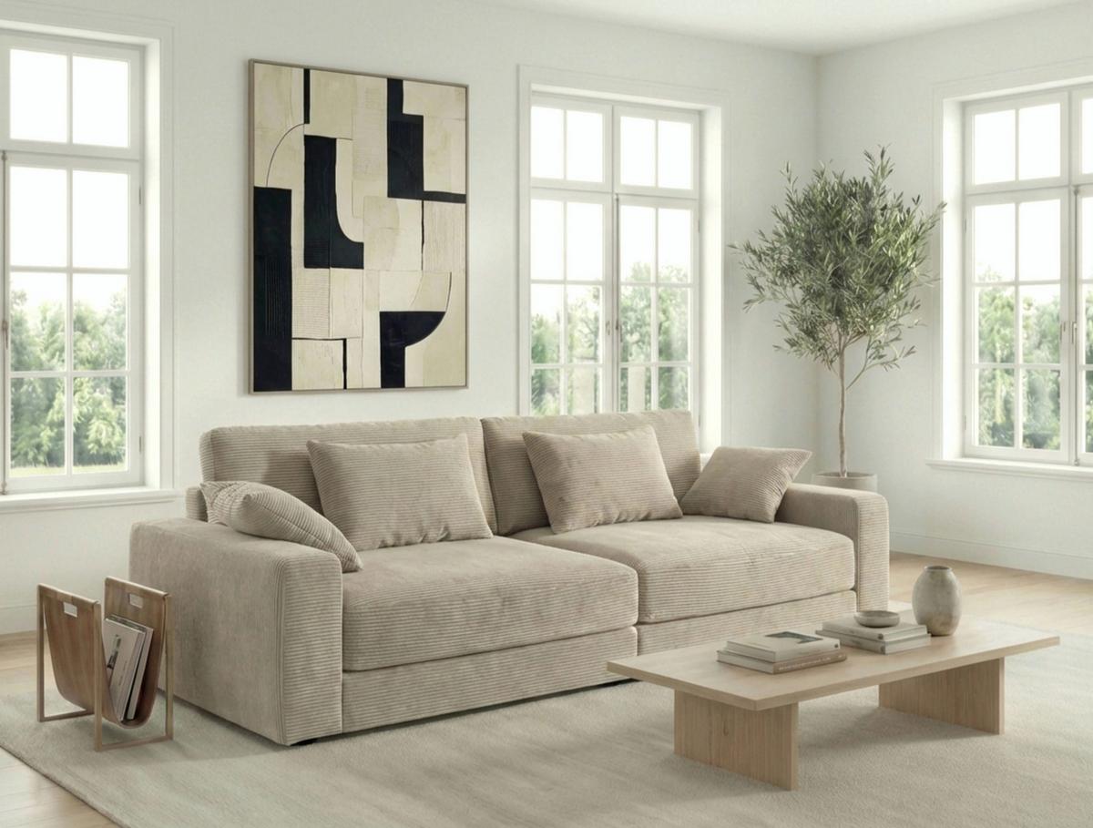 BIG-SOFA mit Federkern B290/T135/H90 cm extratief, Liegefläche 122x240 cm, Cord Beige Grau / 15251 - Greige/Schwarz, Kunststoff/Textil (290/90/135cm) - luma-home