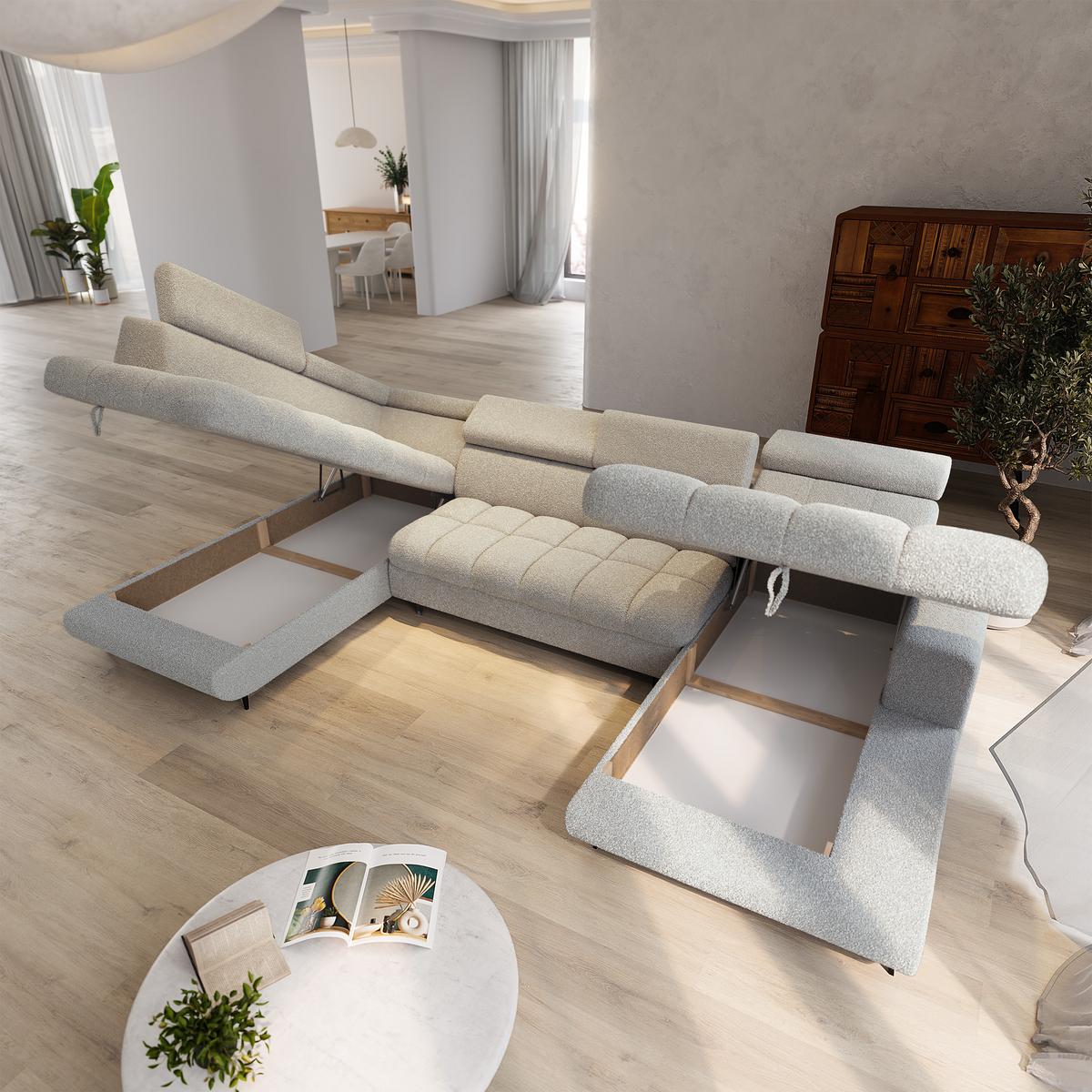 WOHNLANDSCHAFT CORENO Hellgrau Boucle-Stoff mit Schlaffunktion - Hellgrau, Holz (345/88/190cm) - MASSENO