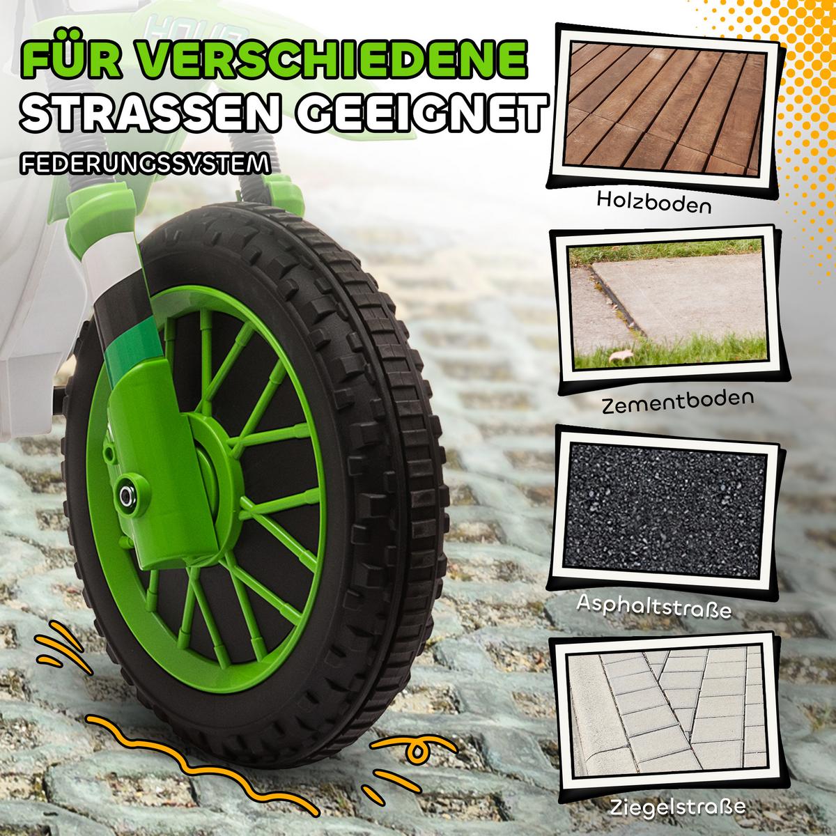 ELEKTROMOTORRAD Kindermotorrad Kinderfahrzeug Elektrofahrzeug Grün+Weiß - Grün, Kunststoff (106.5/51.5/68cm) - HOMCOM