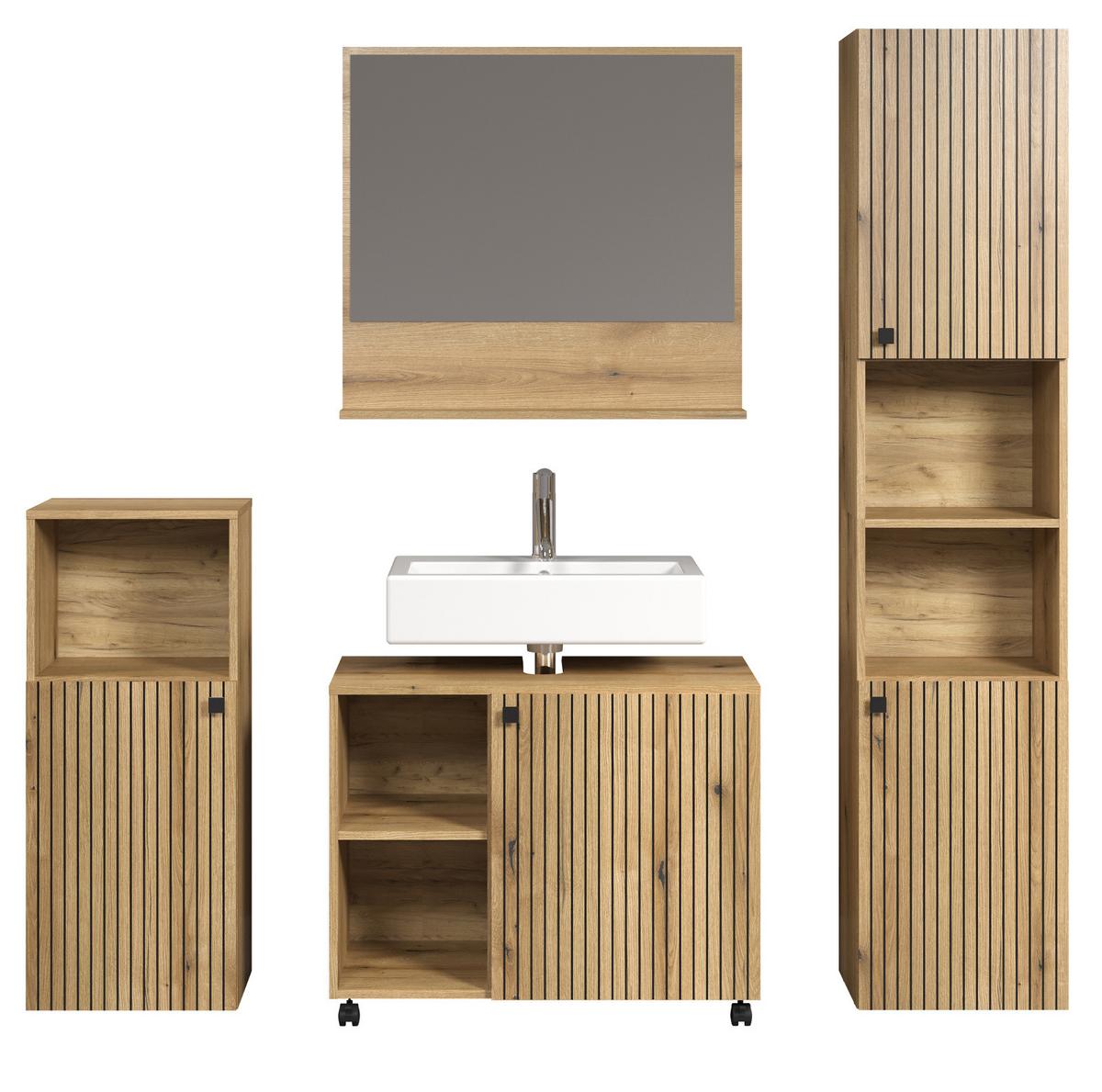 BADMÖBEL-SET Evoke Eiche 4-teilig 180 x 190 cm, Badkombination mit viel Stauraum - Eichefarben/Schwarz, Glas/Holzwerkstoff (40/190/180cm) - Top.Furn