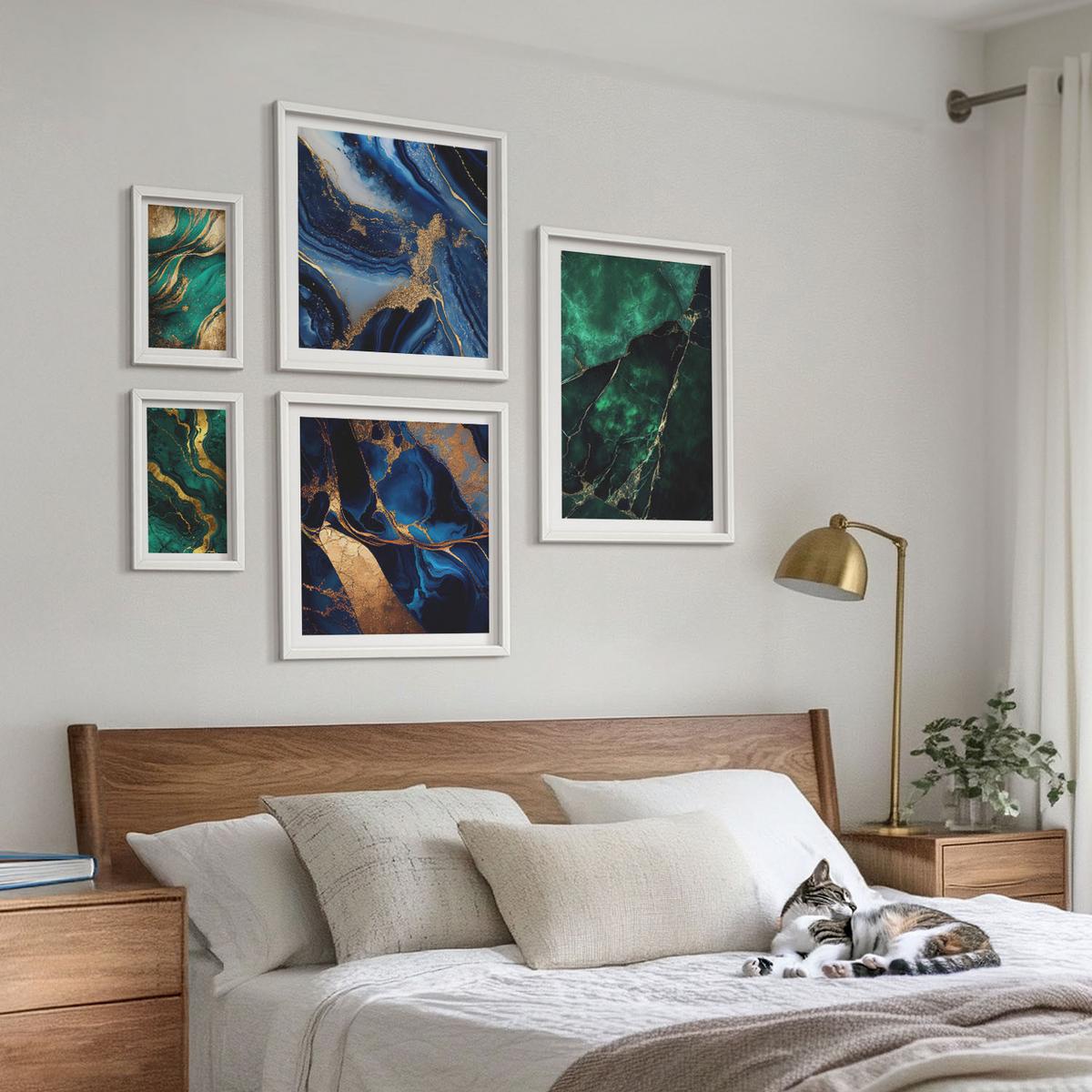 BILDER SET 5er Set - 50x50 cm & 20x30 cm & 40x60 cm Weißer Rahmen - Blumen, heller Hintergrund, Marmormuster - Weiß, Kunststoff (40/60cm) - TULUP
