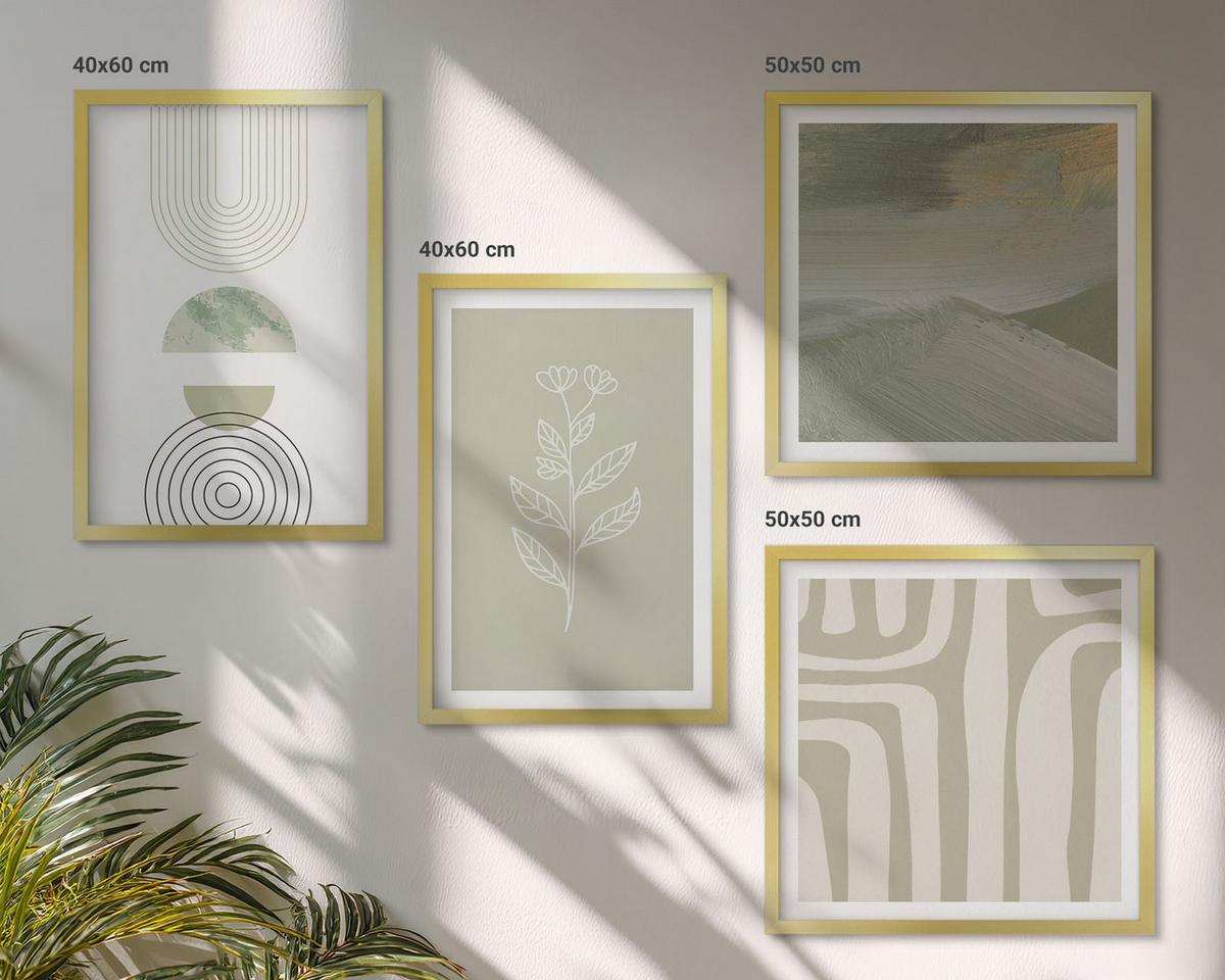 BILDER SET 4er Set - 50x50 cm & 40x60 cm Goldrahmen - Geometrische Pflanzenmuster - Goldfarben, Kunststoff (50/50cm) - TULUP
