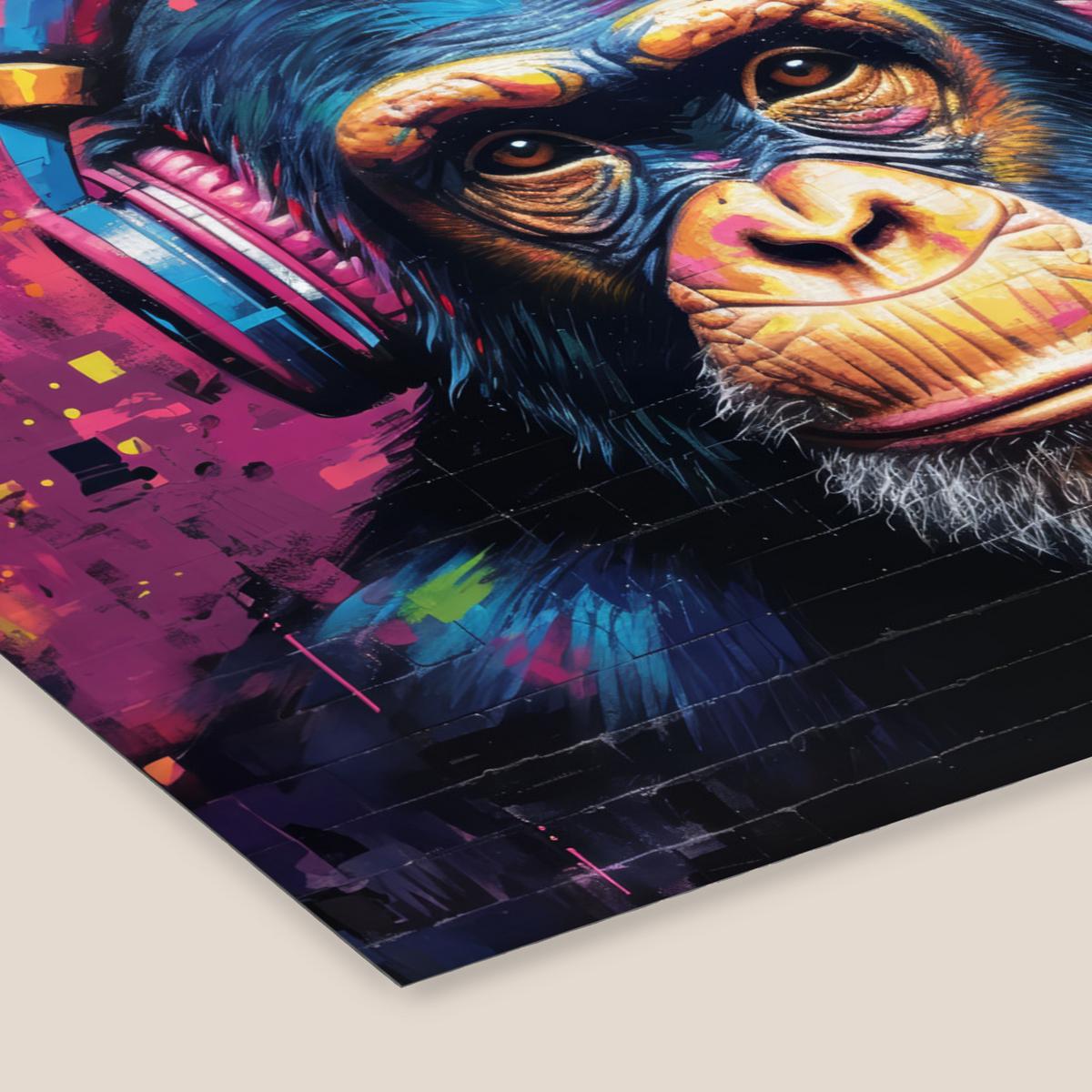 POSTER MIT RAHMENGERAHMTES BILD Graffiti - Schimpanse - Straßenkunst - Kopfhörer - Affe 80x60 cm - Blau, Papier (80/60cm) - MuchoWow