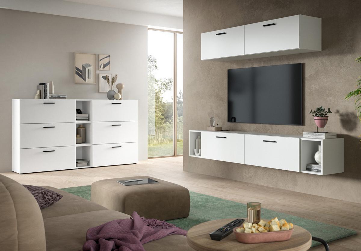 WOHNWAND weiß 202 cm, Schrankwand mit Soft-Close - Schwarz/Weiß, Holzwerkstoff/Kunststoff (202/184/34cm) - Inn.Furn