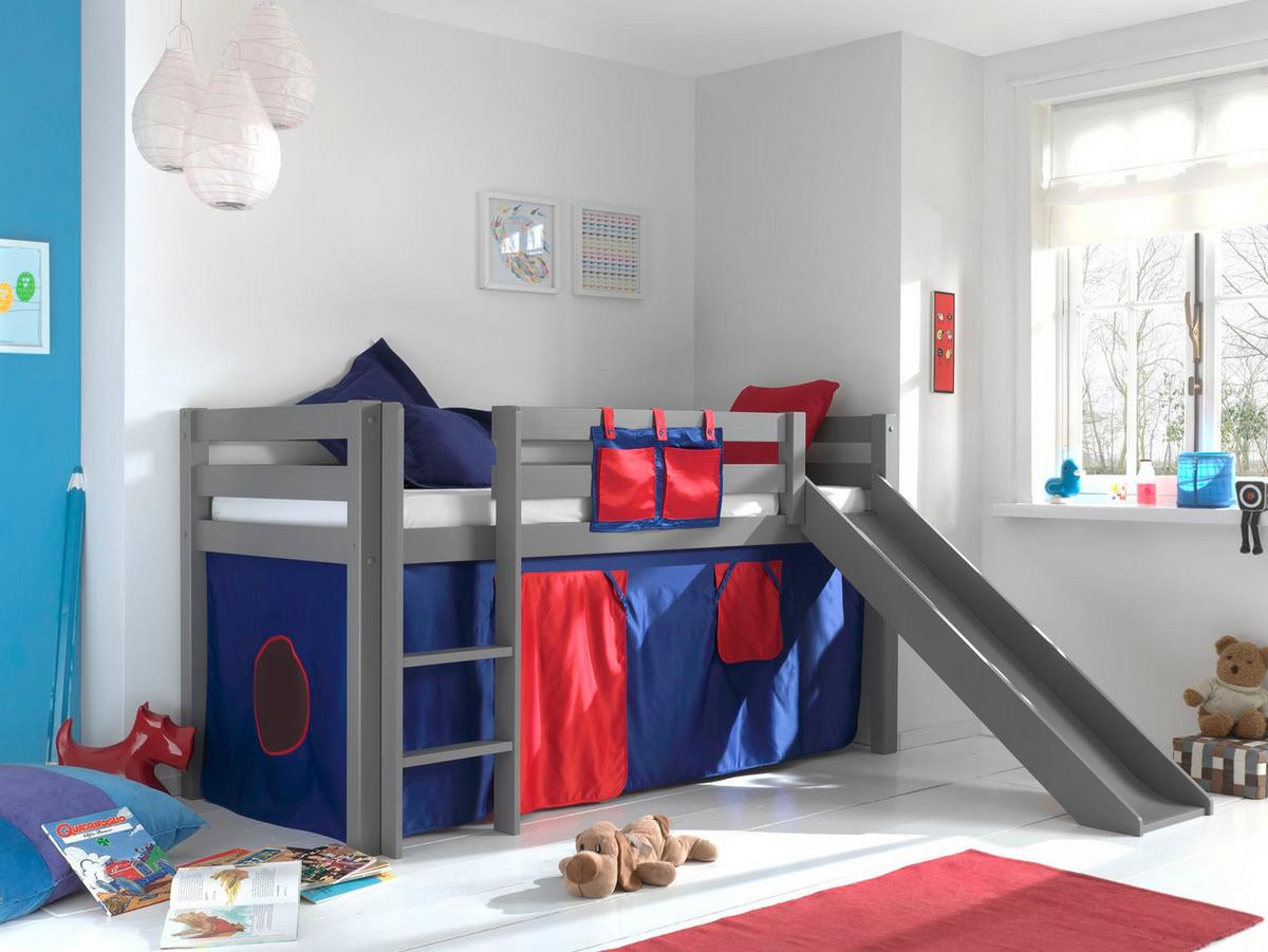 HOCHBETT mit Rutsche Karolina Massivholz Grau Textilset Domino - Dunkelblau/Grau, Holz (90/200cm) - 58aufmkessel