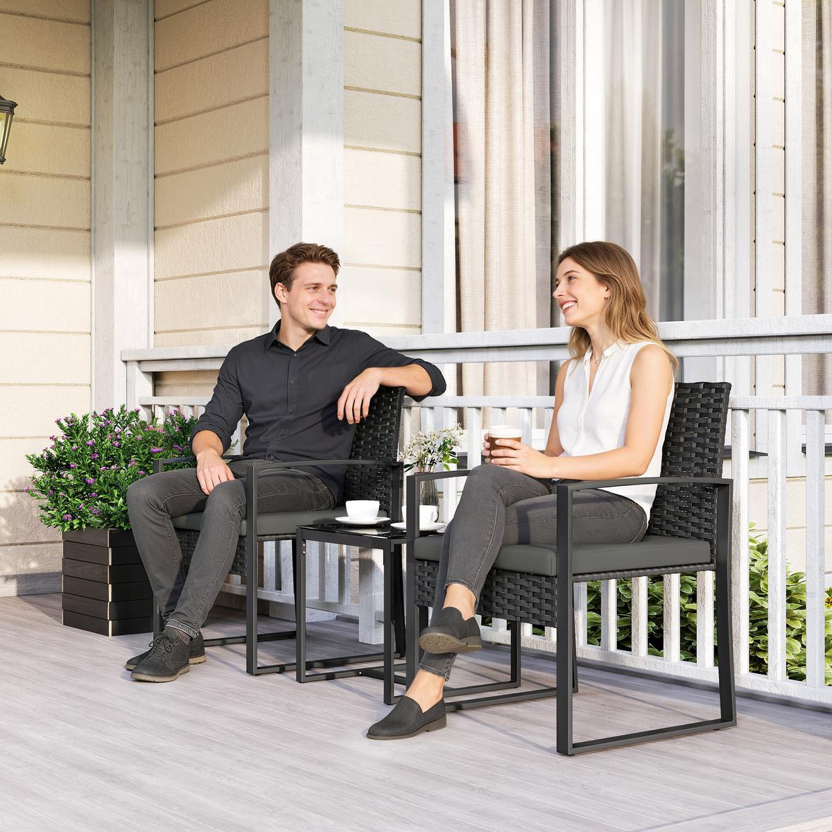 BISTROSET 3 TLG. mit 2 Gartenstühlen & Couchtisch, Dunkelgrau - Dunkelgrau/Schwarz, Textil/Metall - Outsunny