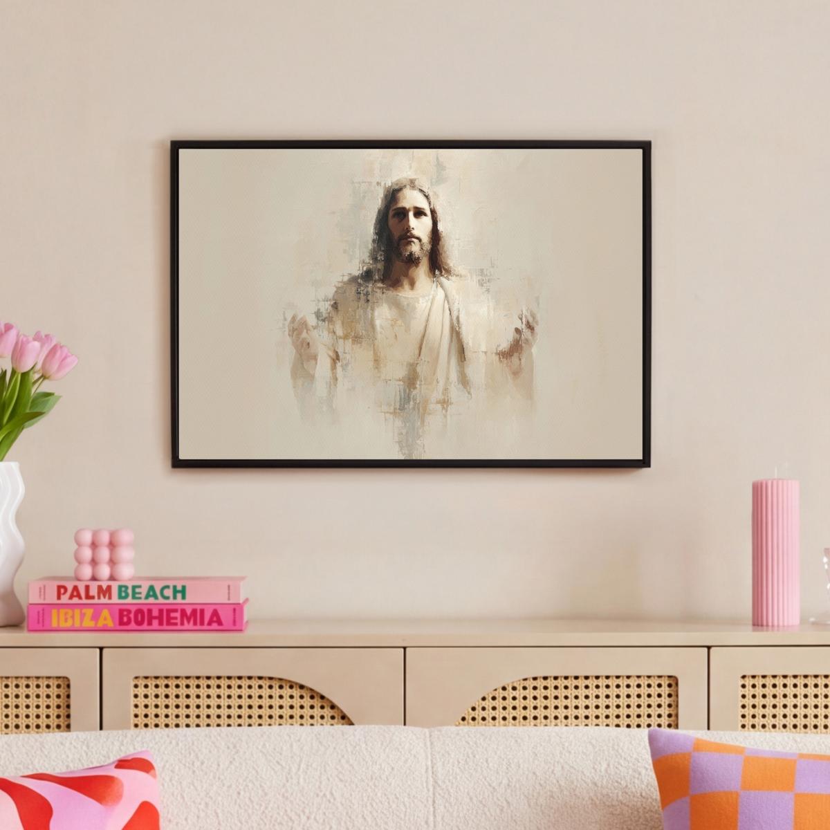 LEINWAND Bilder mit Rahmen - Porträt - Abstrakt - Jesus - Beige - 60x40 - Beige, Textil (60/40cm) - MuchoWow