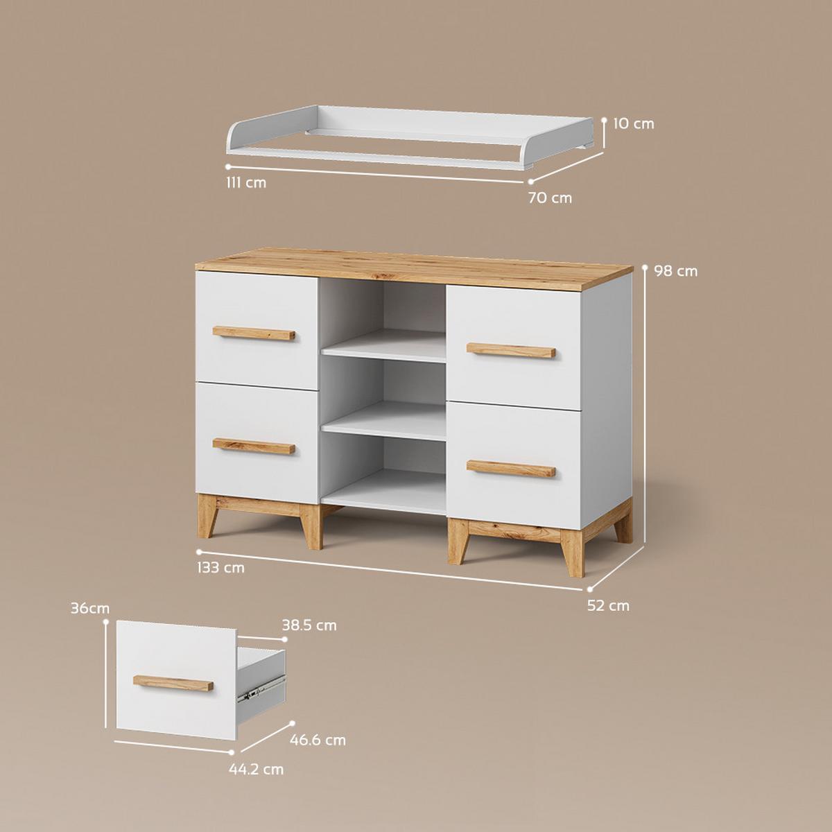 WICKELKOMMODE Mailo Weiß/Artisan XL mit 4 Schubladen - Weiß/Eiche Artisan, Holzwerkstoff (133/108/70cm) - Livinity®
