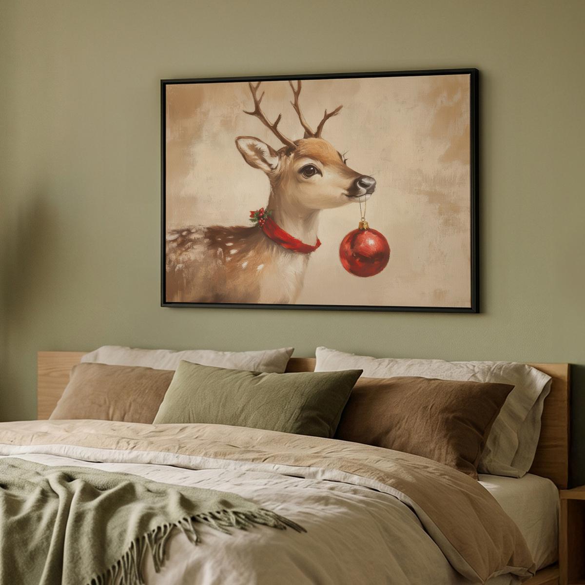LEINWAND Bilder mit Rahmen - Weihnachten - Hirsch - Geweih - Weihnachtskugel - Rentier - 100x70 - Hellbraun, Textil (100/70cm) - MuchoWow