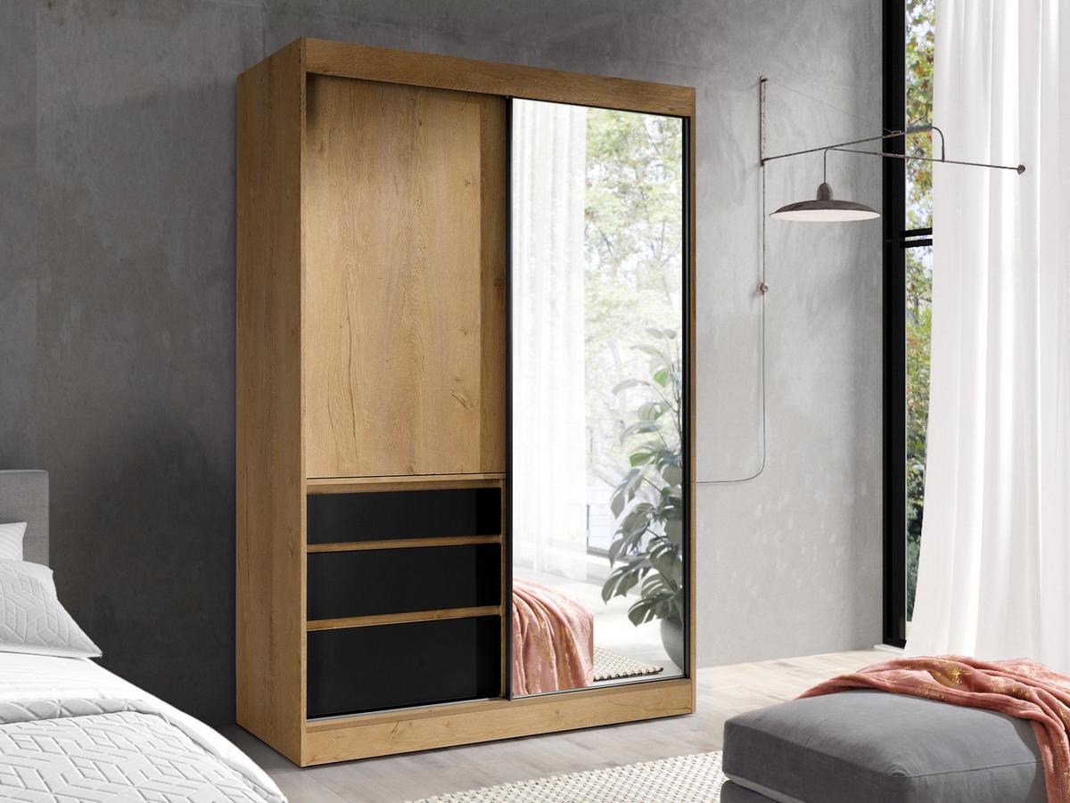 SCHWEBETÜRENSCHRANK Haiti 140 mit Spiegel - Eichefarben/Schwarz, Holzwerkstoff (140/216/65cm) - MIRJAN24