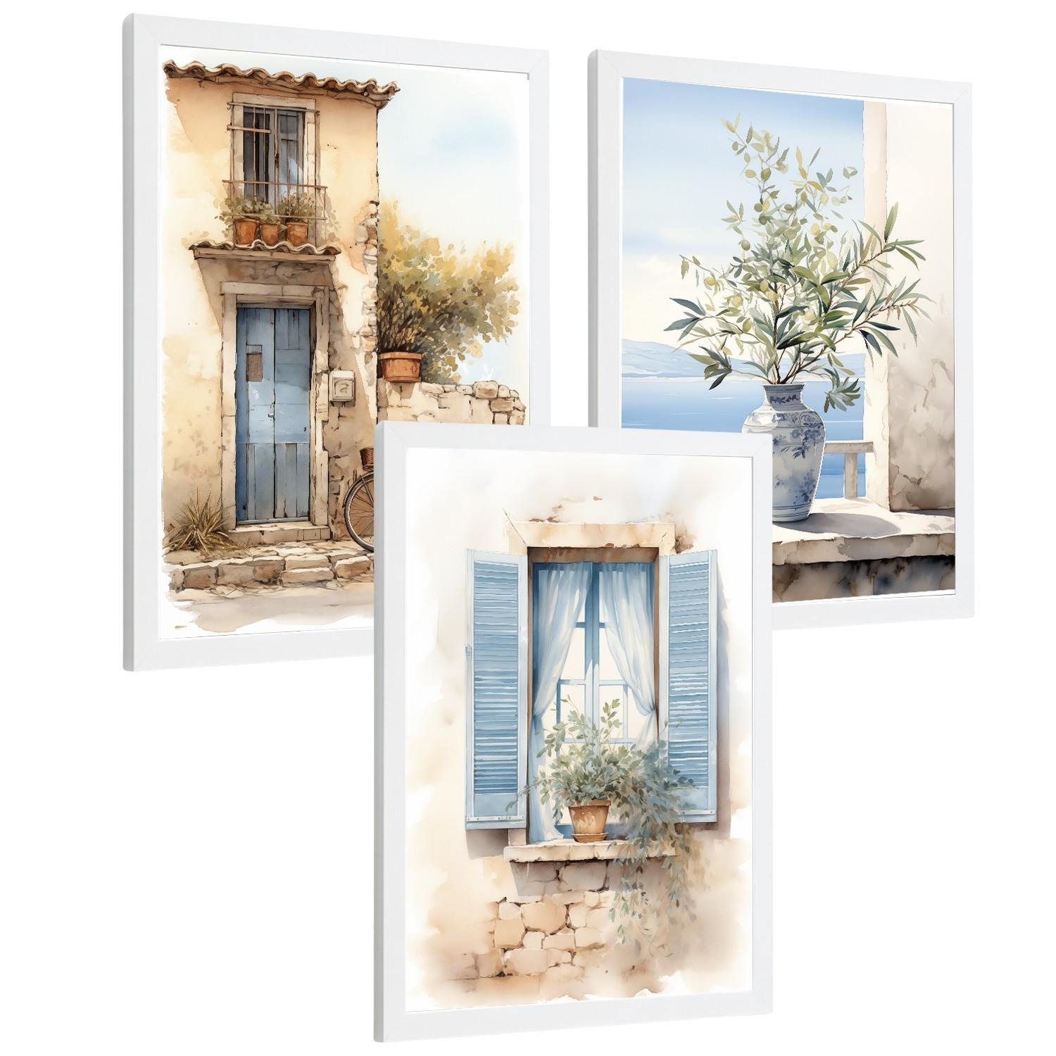POSTER 3er Bilder-Set Wandbilder Maritim Aquarell Blau modern ohne Rahmen – Wohnzimmer Deko, Schlafzimmer, Küche, Badezimmer Weißer Rahmen A3 - Weiß, Papier (29.7/1/42cm) - Nacnic