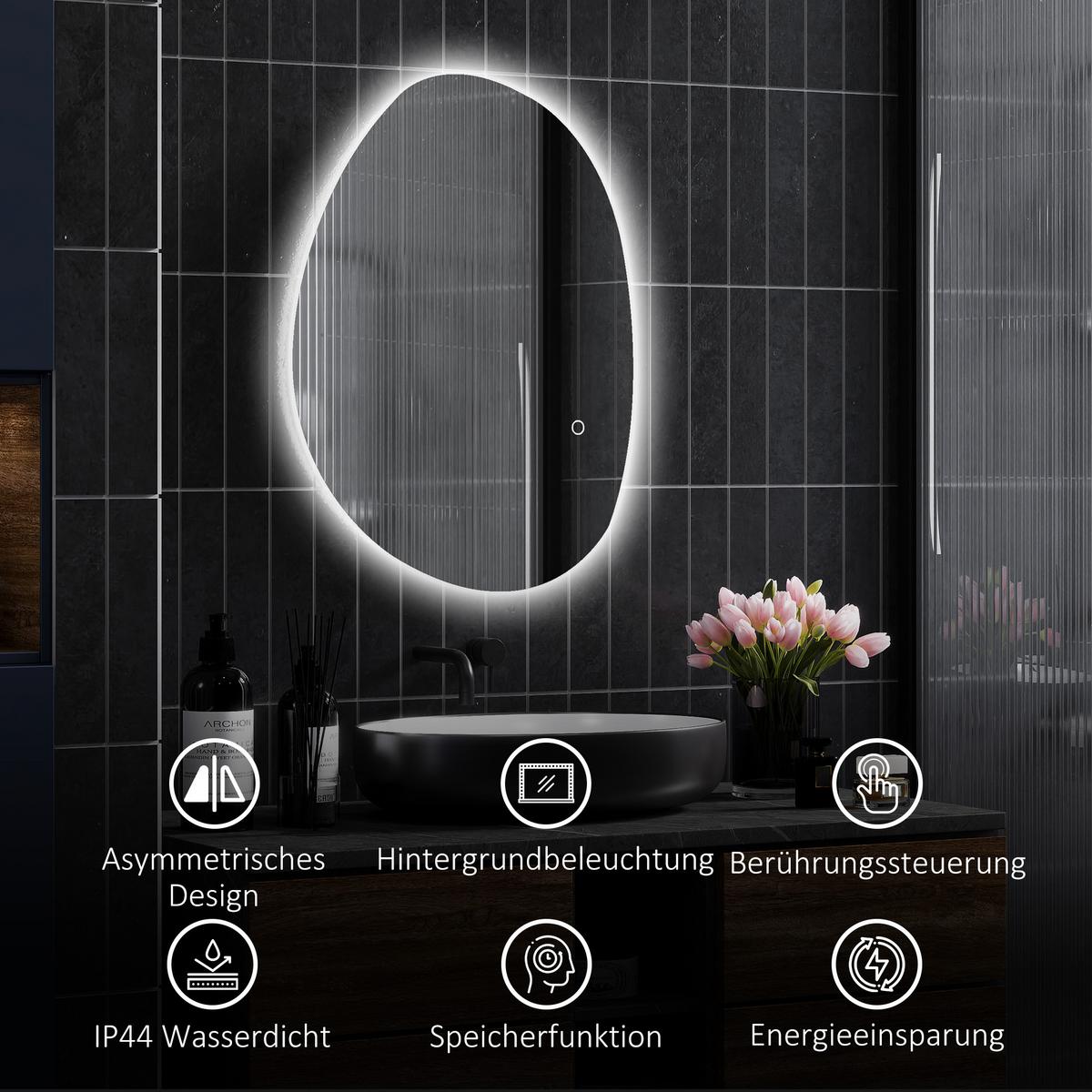 70 x 50 cm Asymmetrischer Badspiegel mit LED-Licht, Anti-Beschlag-Funktion - Silberfarben, Glas (50/5/70cm) - HOMCOM