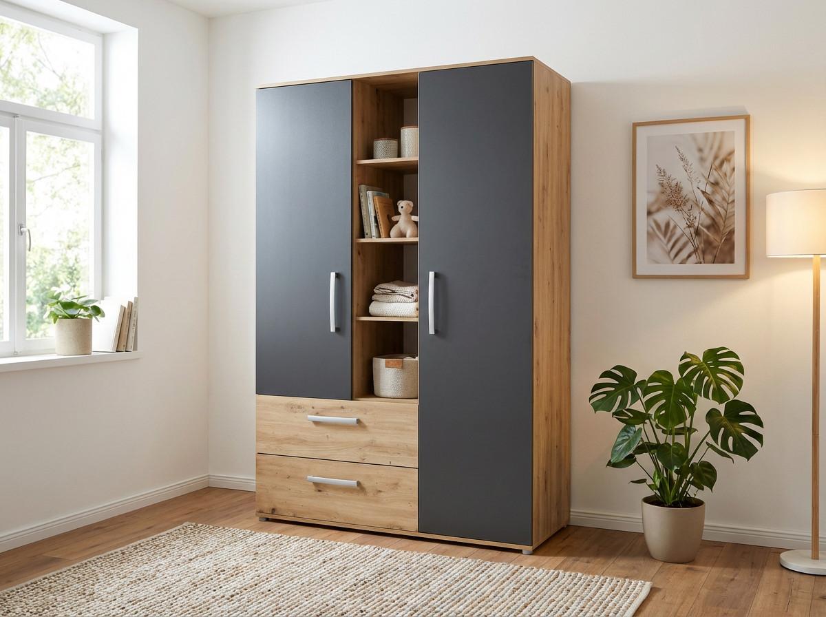 KLEIDERSCHRANK Alessio 2-türig | 2 Schubladen, 10 Fächer & Kleiderstange | Made in Germany | Anthrazit / Artisan Oak - Anthrazit/Silberfarben, Holzwerkstoff/Kunststoff (130/188/51cm) - arthur berndt