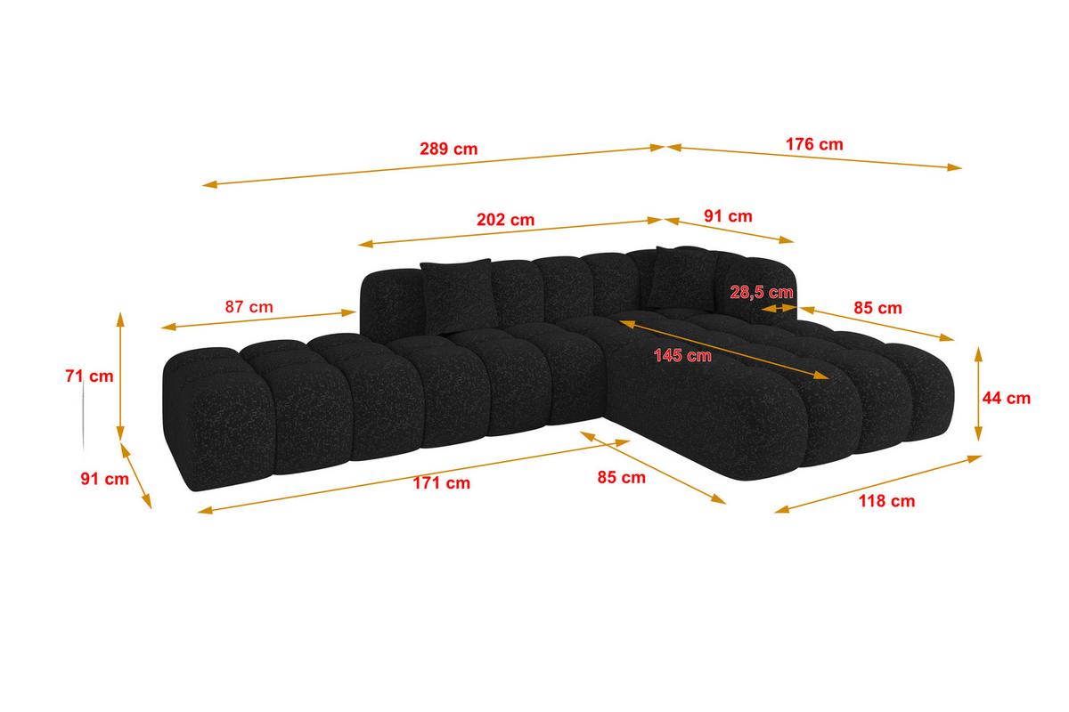 ECKSOFA Ottomane Rechts OLEA-L2 - 289x176x71 cm Schwarz - Schwarz, Holzwerkstoff/Kunststoff (289/176cm)