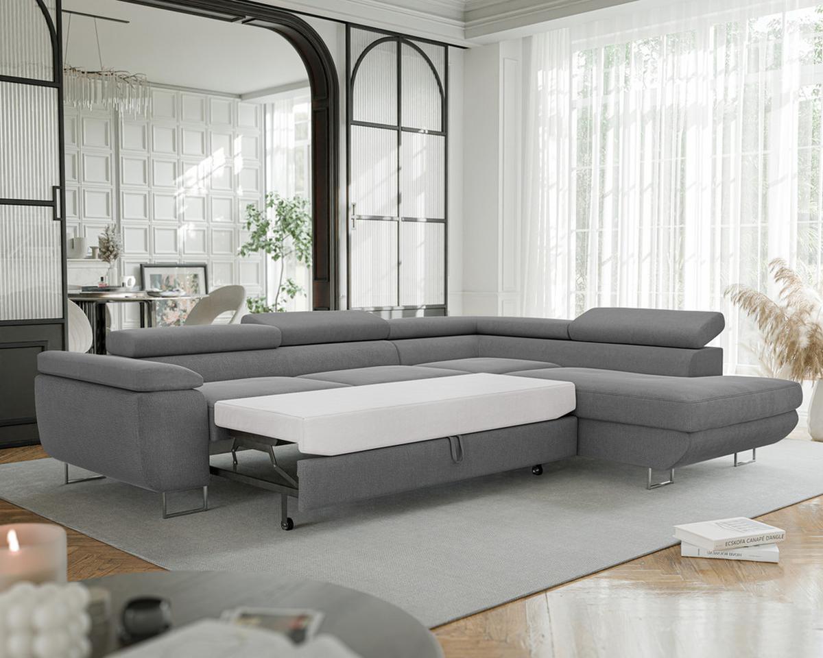ECKSOFA ANTON rechts, mit Schlaffunktion und Bettkasten Dunkelgrau - Chromfarben/Dunkelgrau, Textil/Metall (274/203cm) - Idohome