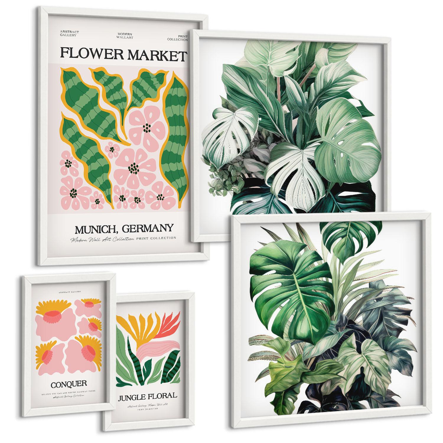 BILDER SET 5er Set - 50x50 cm & 20x30 cm & 40x60 cm Weißer Rahmen - Blumen und Blätter – moderne Poster - Weiß, Kunststoff (40/60cm) - TULUP