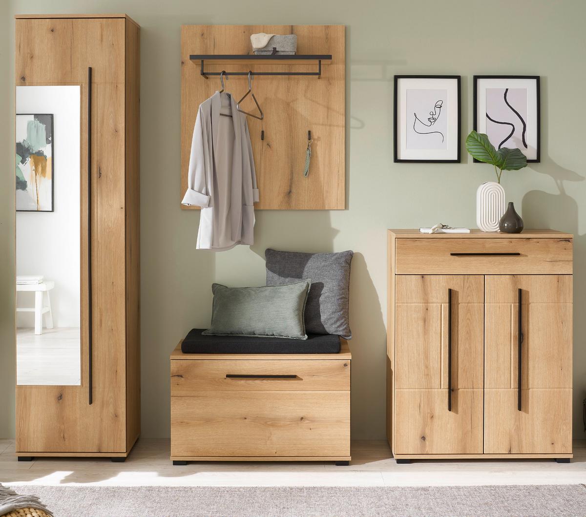 GARDEROBEN-SET Evoke Eiche 5-teilig 230 cm, Flurgarderobe mit viel Stauraum - Dunkelgrau/Eichefarben, Glas/Holzwerkstoff (230/230/40cm) - Furn.Design