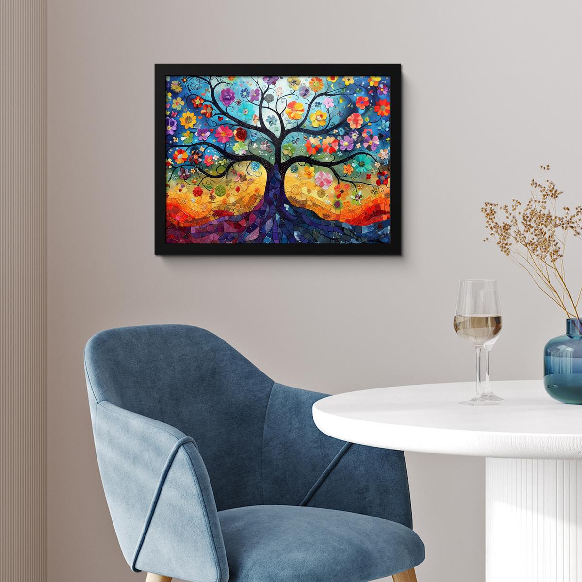 POSTER MIT RAHMENGERAHMTES BILD Kunst - Baum des Lebens - Blumen - Hippie 40x30 cm - Dunkelblau, Papier (40/30cm) - MuchoWow