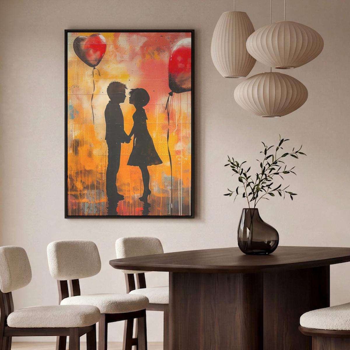 LEINWAND Bilder mit Rahmen - Straßenkunst - Liebe - Graffiti - Kunst - Banksy - 100x150 - Orange, Textil (100/150cm) - MuchoWow
