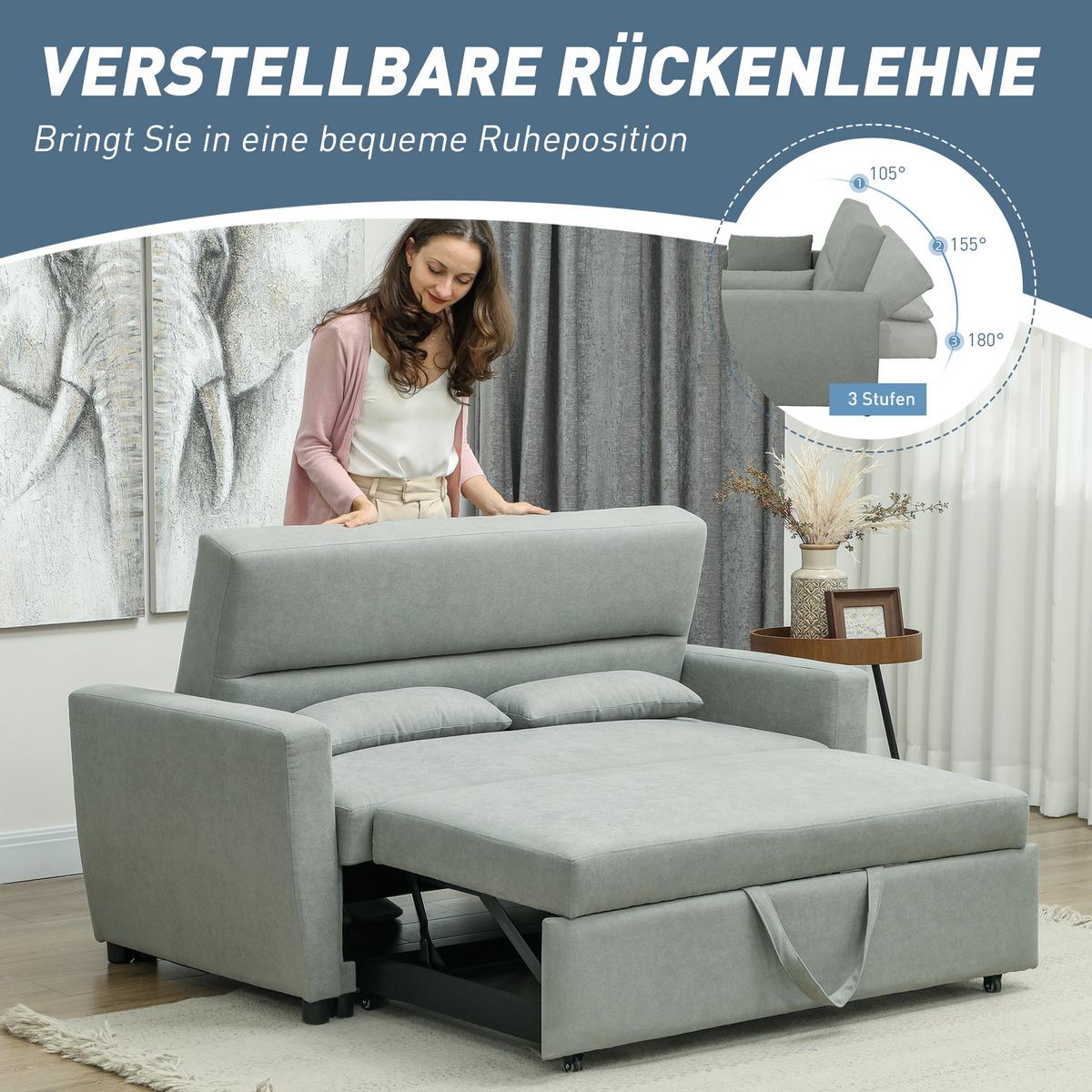 SCHLAFSOFA, 2-Sitzer Sofa mit Schlaffunktion, Verstellbare Rückenlehne, Hellgrau - Hellgrau, Textil (90/88.5/155cm) - HOMCOM