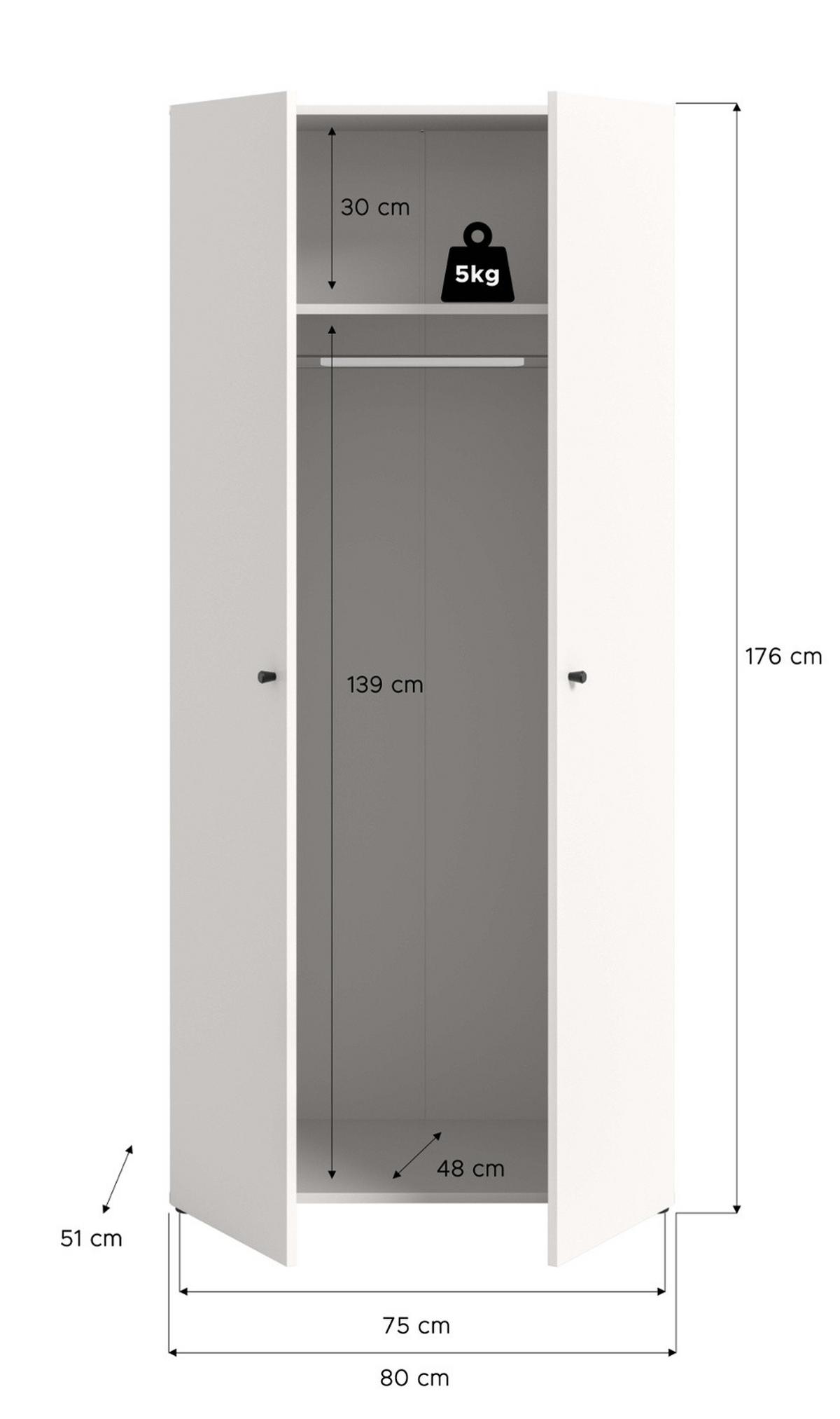 KLEIDERSCHRANK weiß 2-türig 80 cm, Drehtürenschrank mit Kleiderstange - Schwarz/Weiß, Holzwerkstoff/Kunststoff (80/176/51cm) - Inn.Furn