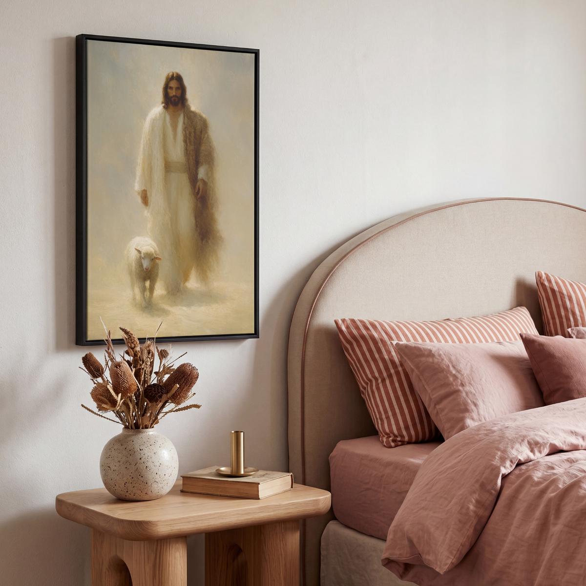 LEINWAND Bilder mit Rahmen - Schaf - Jesus - Pinselstriche - Abstrakt - 40x60 - Beige, Textil (40/60cm) - MuchoWow