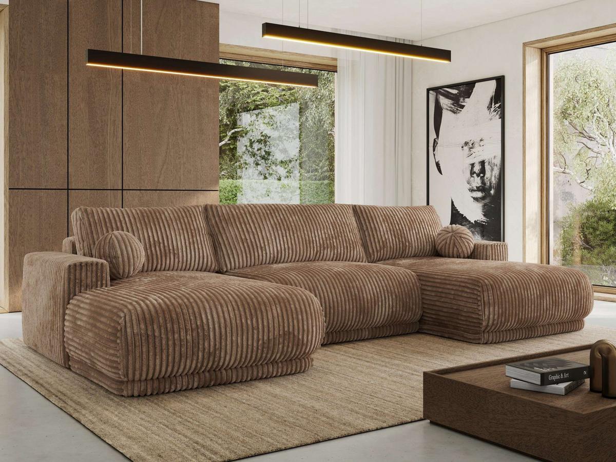 WOHNLANDSCHAFT RINA U Braun Cord - Schwarz/Braun, Kunststoff/Textil (360/85/170cm) - MKS