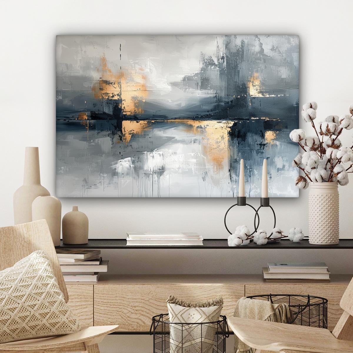 LEINWANDBILD Kunst - Grau - Gold - Abstrakt Wanddeko 90x60 cm - Dunkelgrau, Textil (90/60cm) - MuchoWow