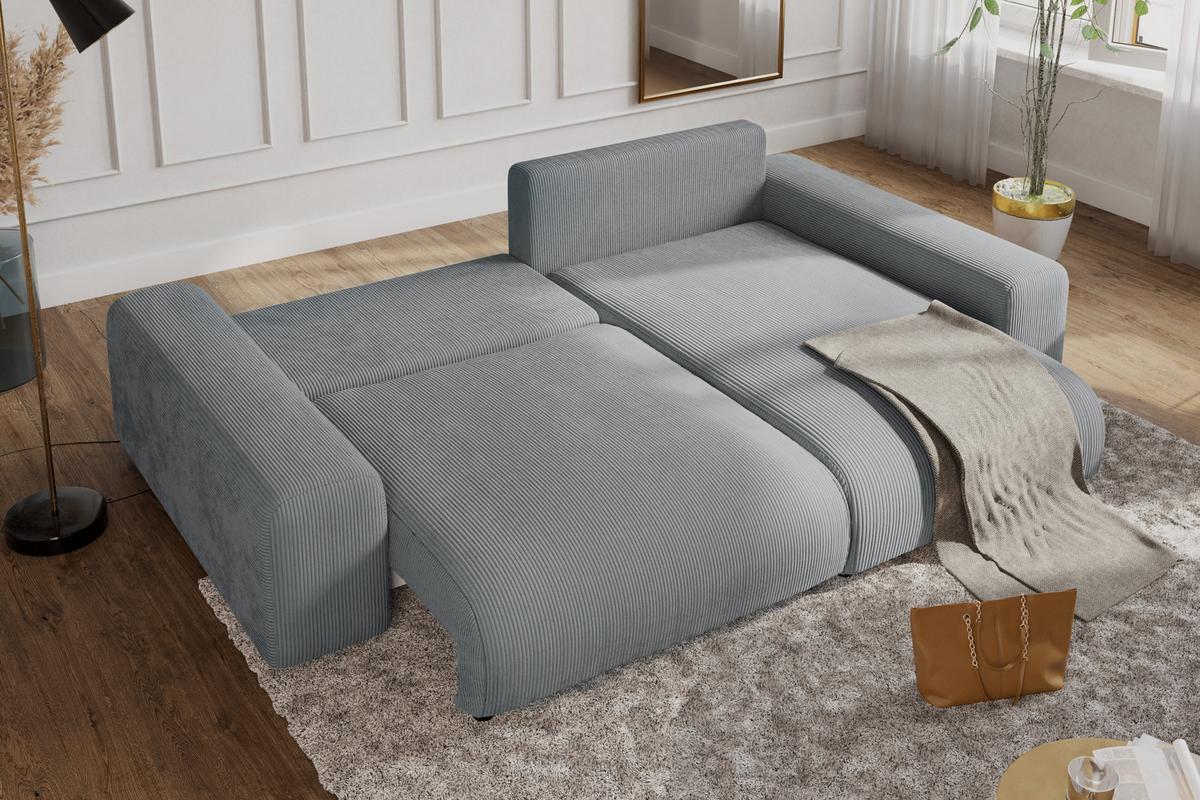 ECKSOFA mit Schlaffunktion, Bettkasten, Wellenunterfederung, seitenverkehrt montierbar B255/T165/H84 cm, Liegefl. 148x196 cm, Cord Hellgrau / 21007 - Hellgrau/Schwarz, Kunststoff/Textil (255/165cm) - luma-home