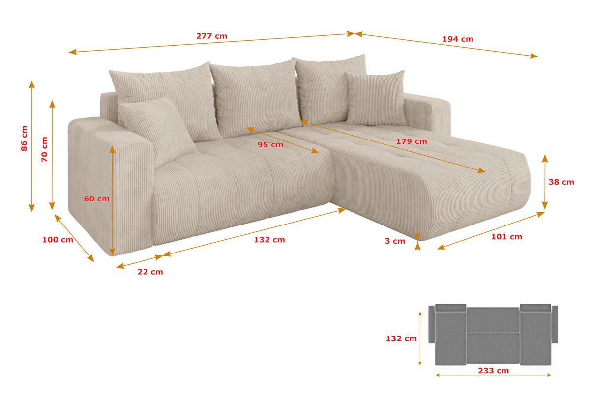 ECKSOFA mit Schlaffunktion Ottomane Rechts MILA-L 277x194x86 Beige Cord - Beige/Schwarz, Holzwerkstoff/Kunststoff (277/194cm) - ALTDECOR