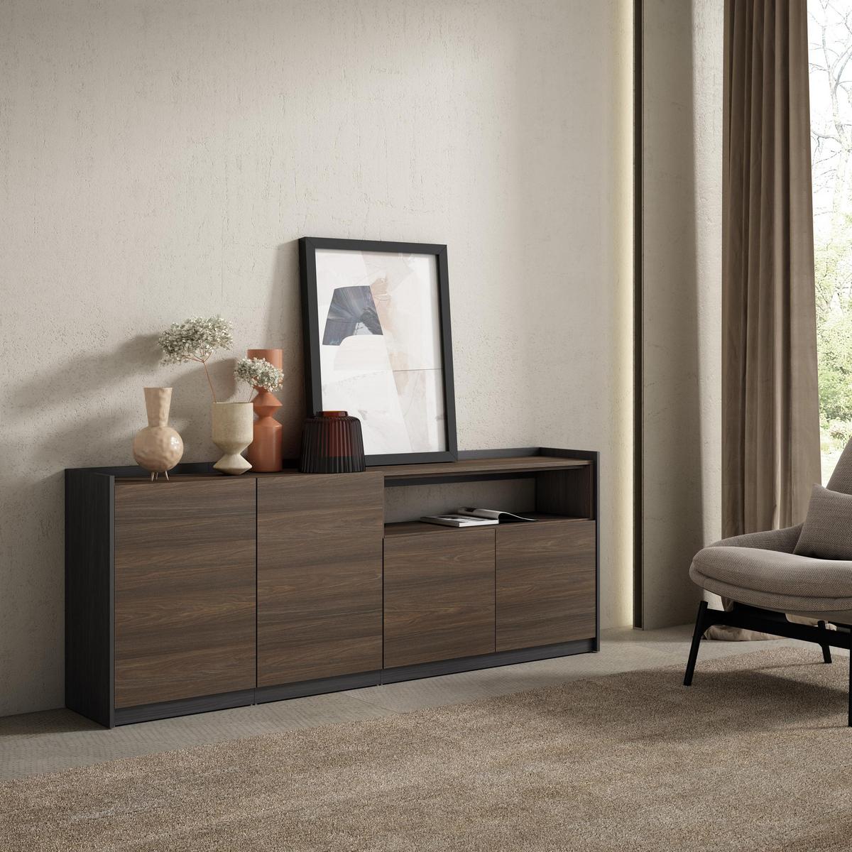 SIDEBOARD, Highboard, Dunkler Eiche und Schwarz, 207/37/80cm - Hellbraun, Holzwerkstoff (207/80/37cm) - Skraut Home