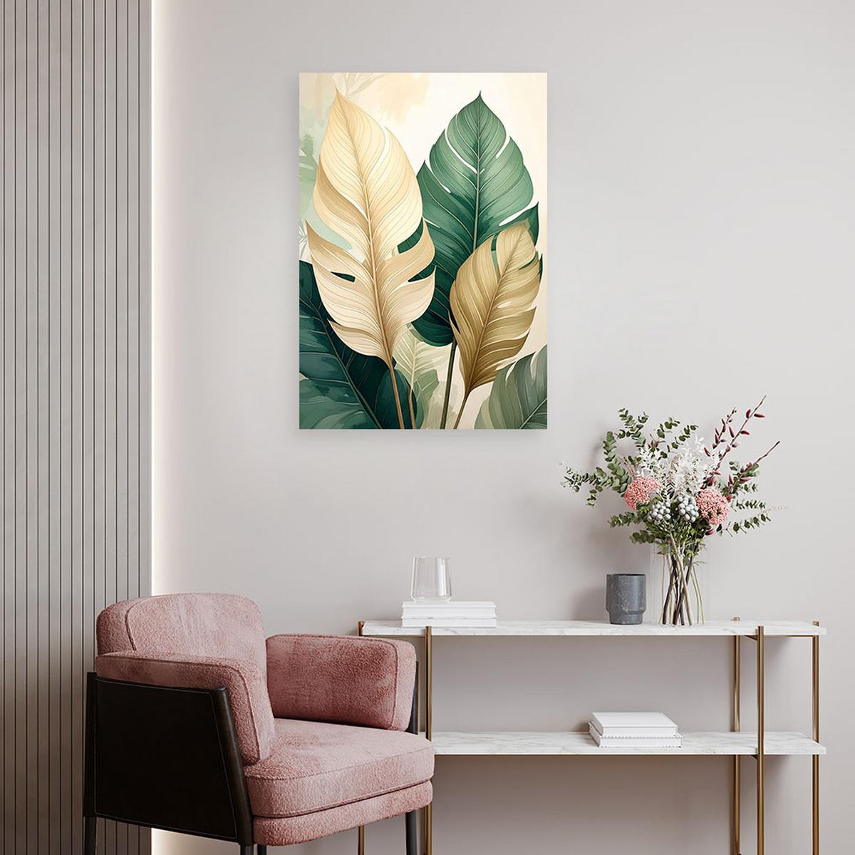LEINWANDBILD, Grüne und beige Monstera-Blätter im Stil des städtischen Dschungels - Grün, Textil (40/60cm) - Feeby