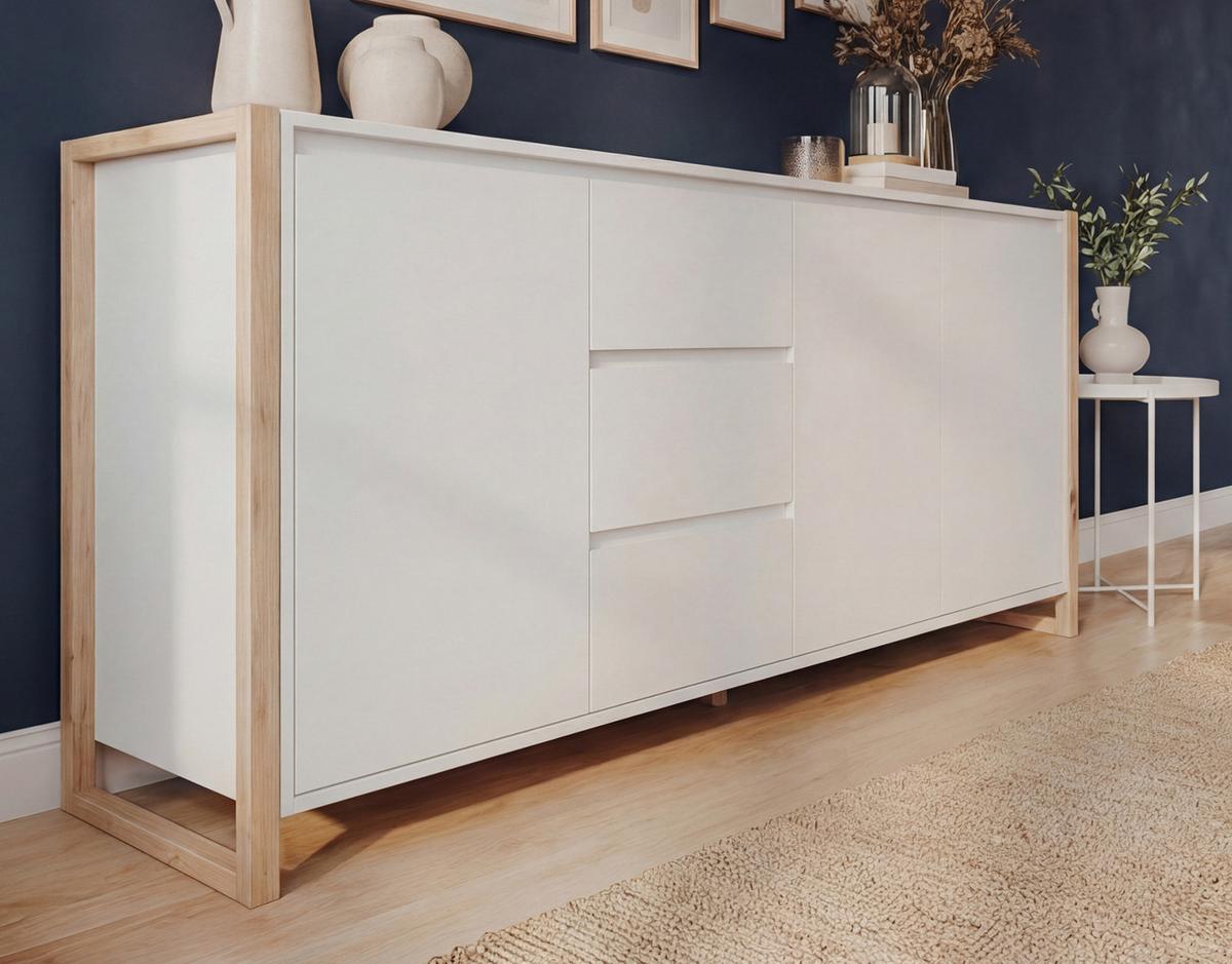 SIDEBOARD weiß, Eiche Artisan 160 x 88 cm, Kommode mit viel Stauraum - Weiß/Eiche Artisan, Holzwerkstoff (160/88/40cm) - Furn.Design