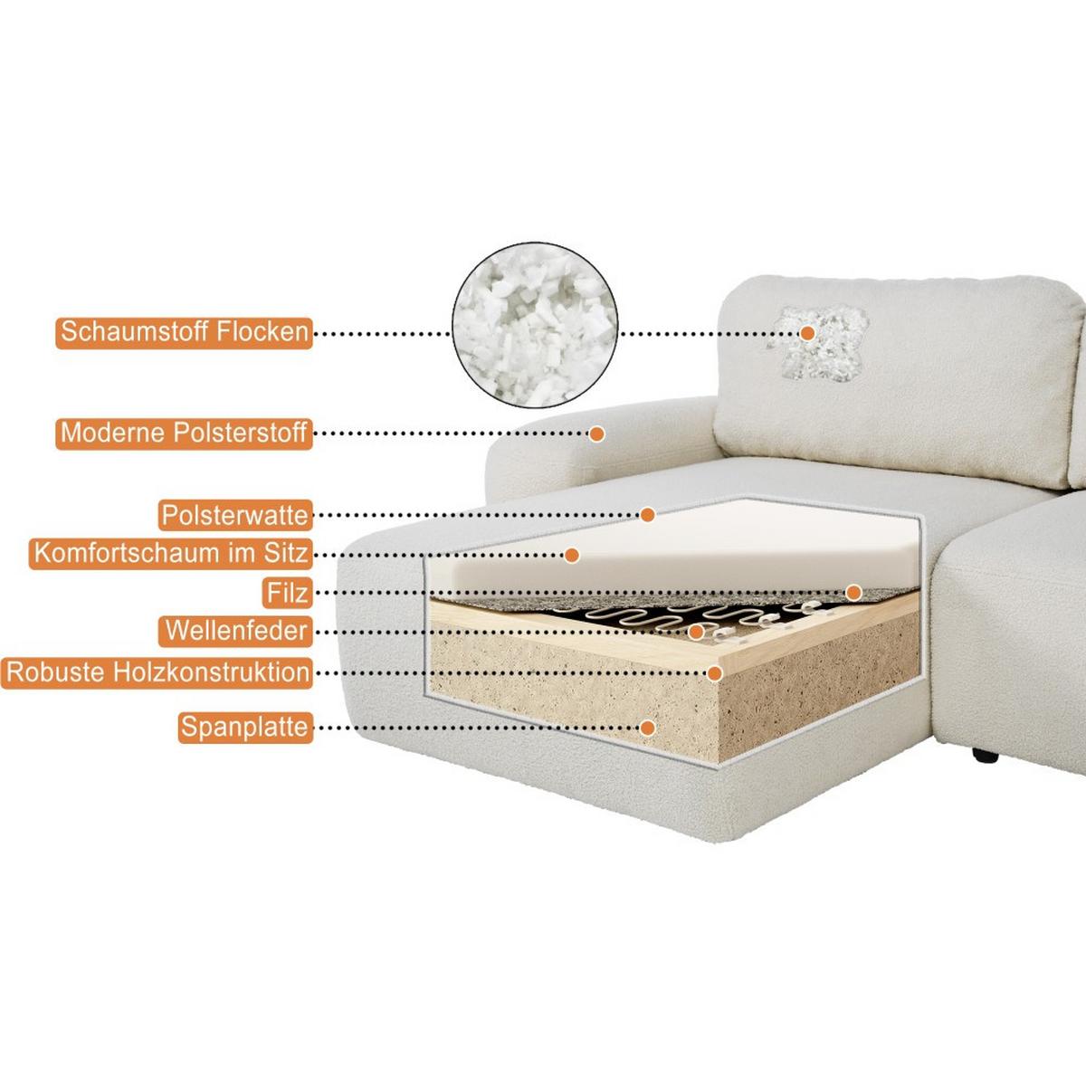 WOHNLANDSCHAFT Noel mit Schlaffunktion, Dunkelgrau, Bouclé-Stoff - Dunkelgrau, Holzwerkstoff (375/93/163cm) - Beautysofa