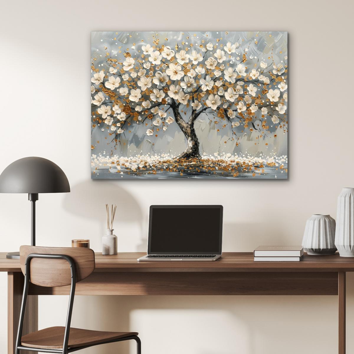 METALLBILD Baum - Blumen - Weiß - Natur - Kunst 80x60 cm - Weiß, Metall (80/60cm) - MuchoWow