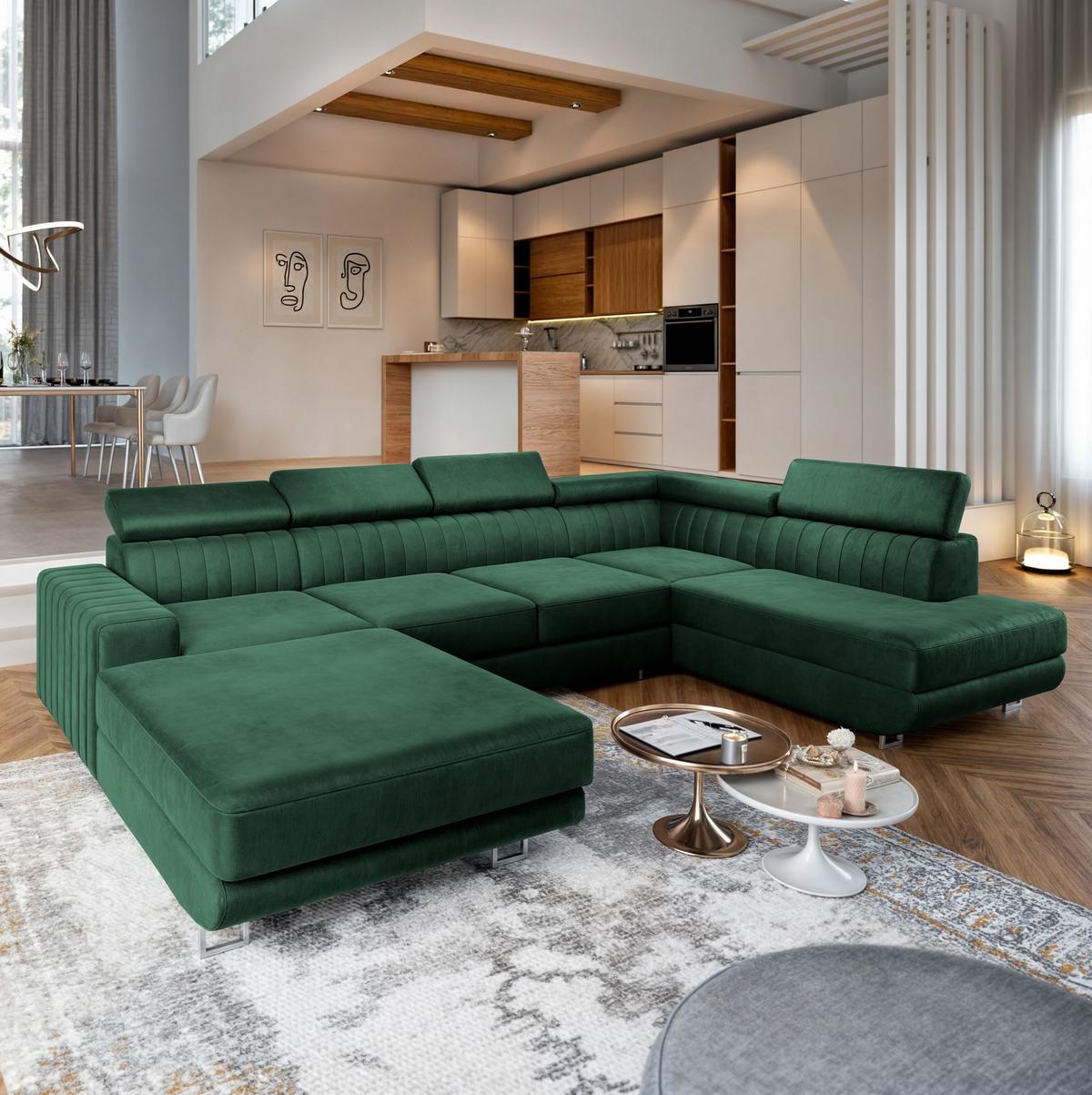 WOHNLANDSCHAFT SIENA R-S Grün Velours-Stoff mit Schlaffunktion - Silberfarben/Grün, Holz/Textil (335/89/190cm) - MASSENO