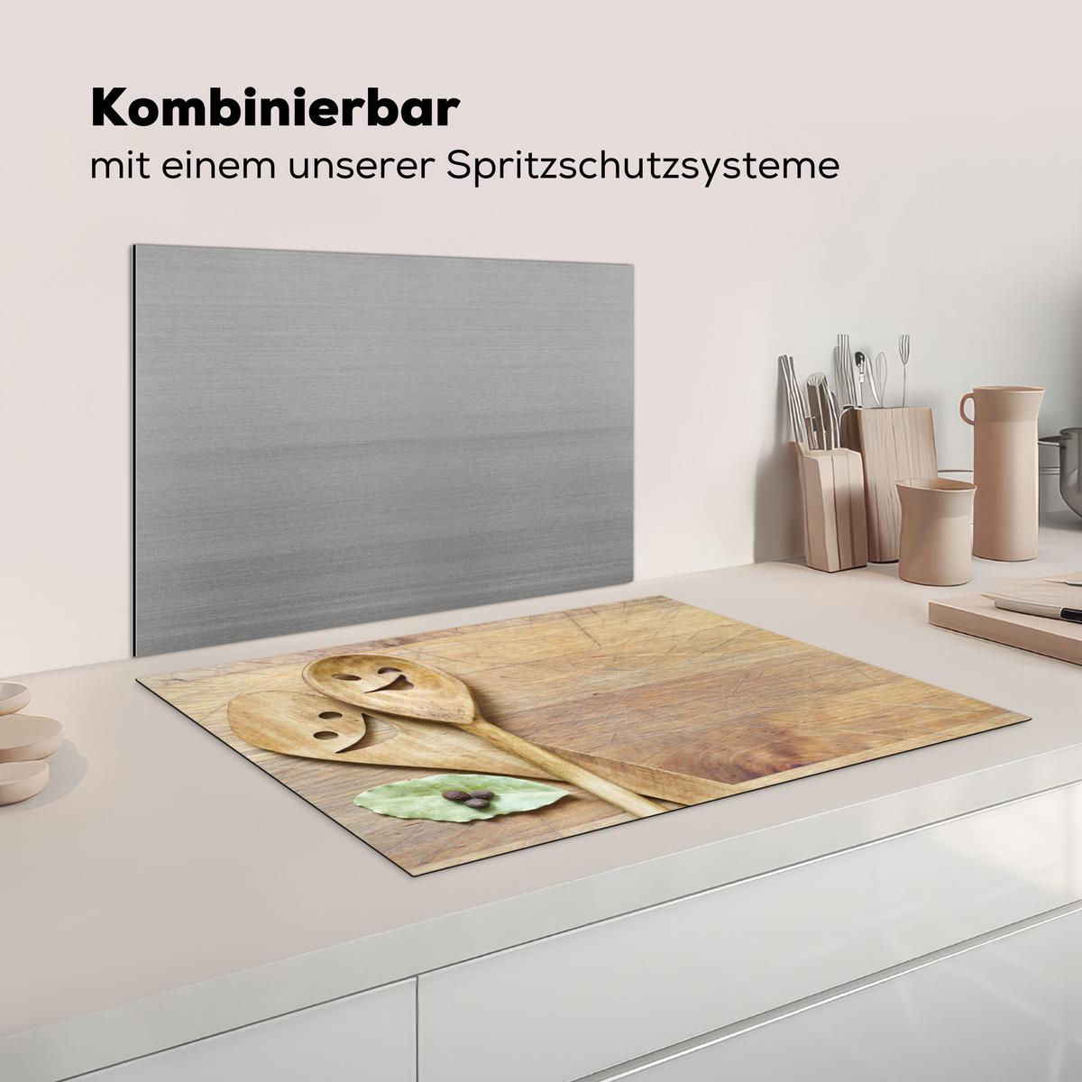 HERDABDECKPLATTE Holz - Löffel - Braun - Smiley Herdabdeckung Induktionsfeld 75x52 cm - Hellbraun, Kunststoff (75/52/0.2cm) - MuchoWow