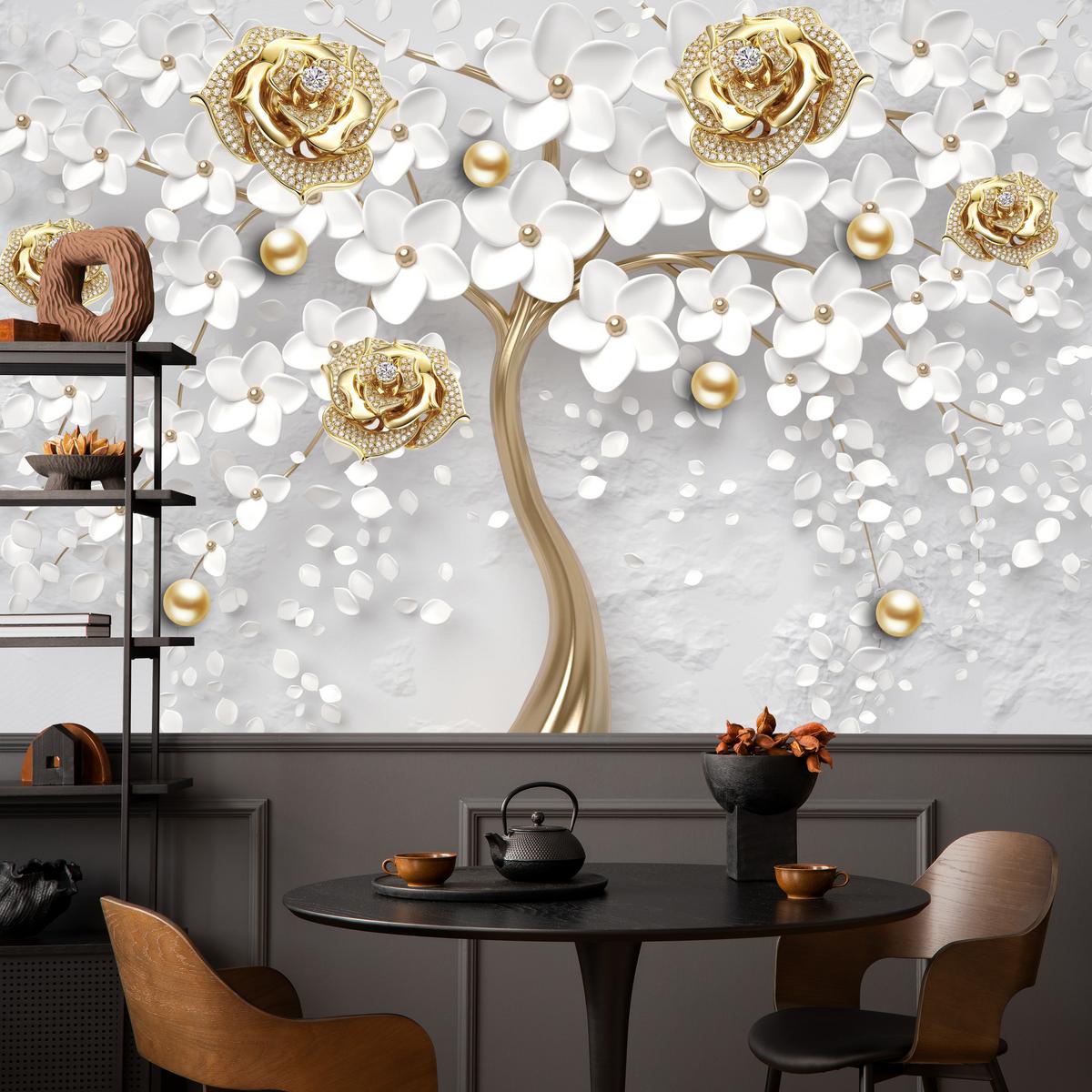 FOTOTAPETE für Wohnzimmer Abstrakte Rosen Baum Blumen Räumliche Äste Zweige 250x175 - Gelb/Weiß, Papier (250/175cm) - Muralo