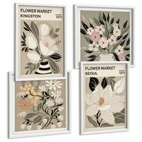 BILDER SET 4er Set - 50x50 cm & 40x60 cm Weißer Rahmen - Retro-Blumen aus Städten rund um die Welt - Weiß, Kunststoff (50/50cm) - TULUP