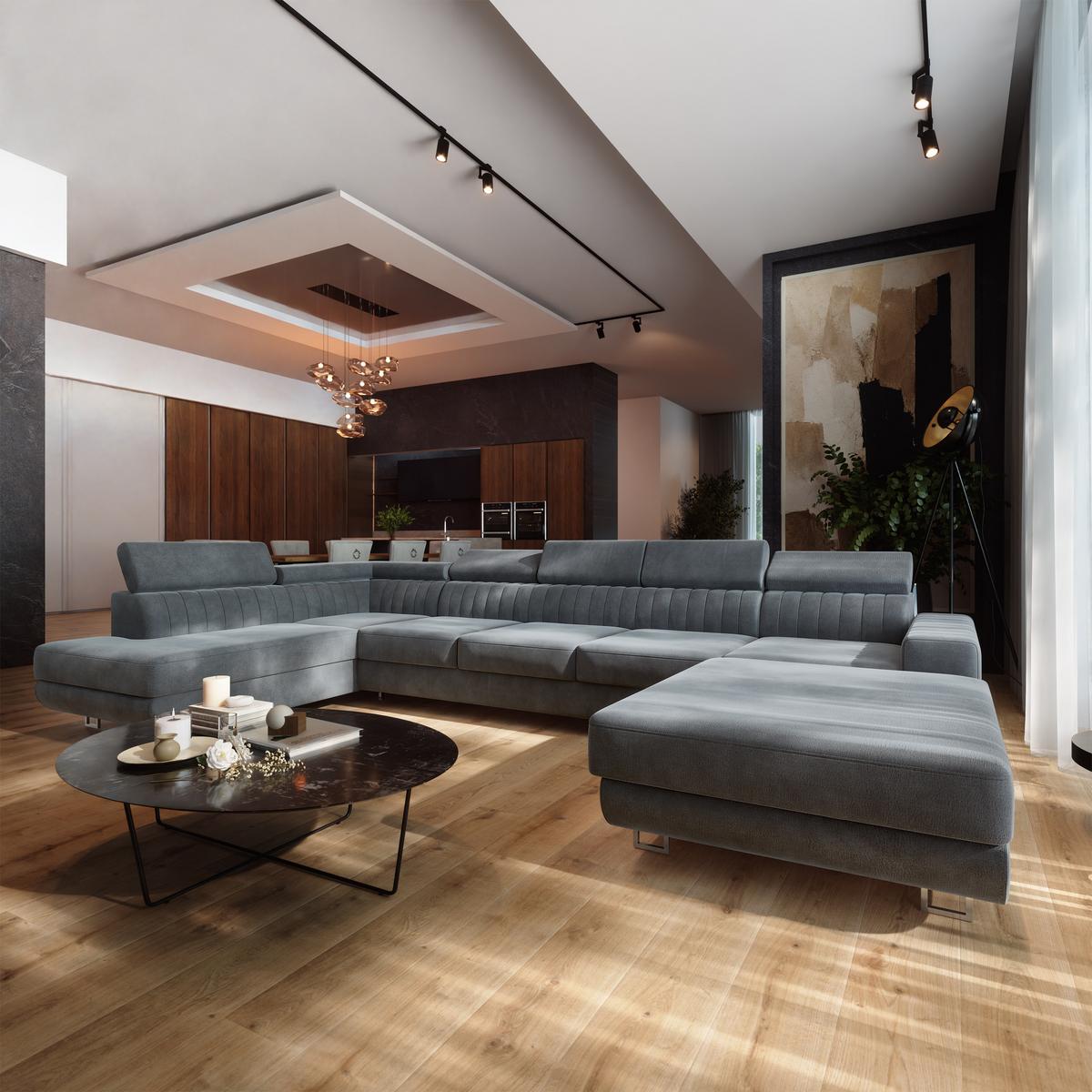 WOHNLANDSCHAFT GAIAN Grau Velours-Stoff mit Schlaffunktion - Grau, Holz (412/88/190cm) - MASSENO