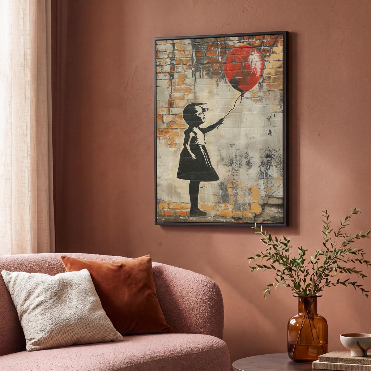 LEINWAND Bilder mit Rahmen - Graffiti - Banksy - Mädchen - Straßenkunst - 70x100 - Sandfarben, Textil (70/100cm) - MuchoWow