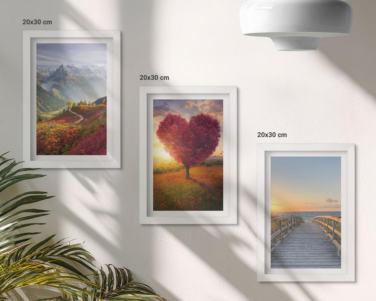 BILDER SET 3er Set - 20x30 cm Weißer Rahmen - Landschaften Berge Baum Herz Pier - Weiß, Kunststoff (20/30cm) - TULUP