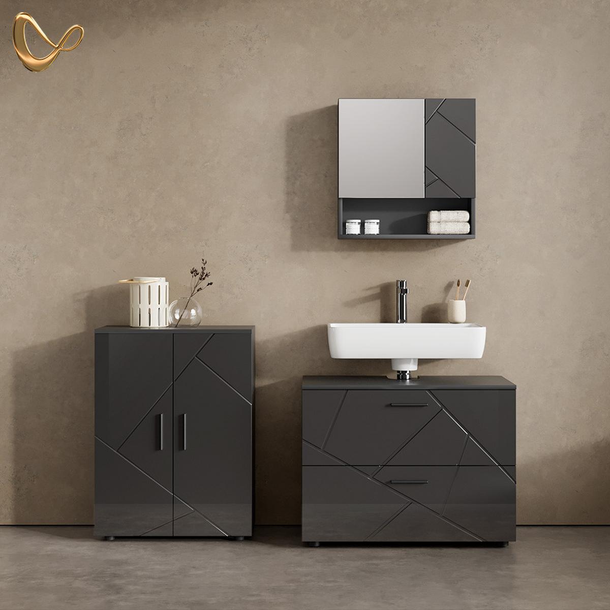 BADMÖBEL-SET Ronco Anthrazit Hochglanz 3 Teile, mit Unterschrank 80 cm - Schwarz Hochglanz, Holzwerkstoff (80/58/41cm) - Livinity®